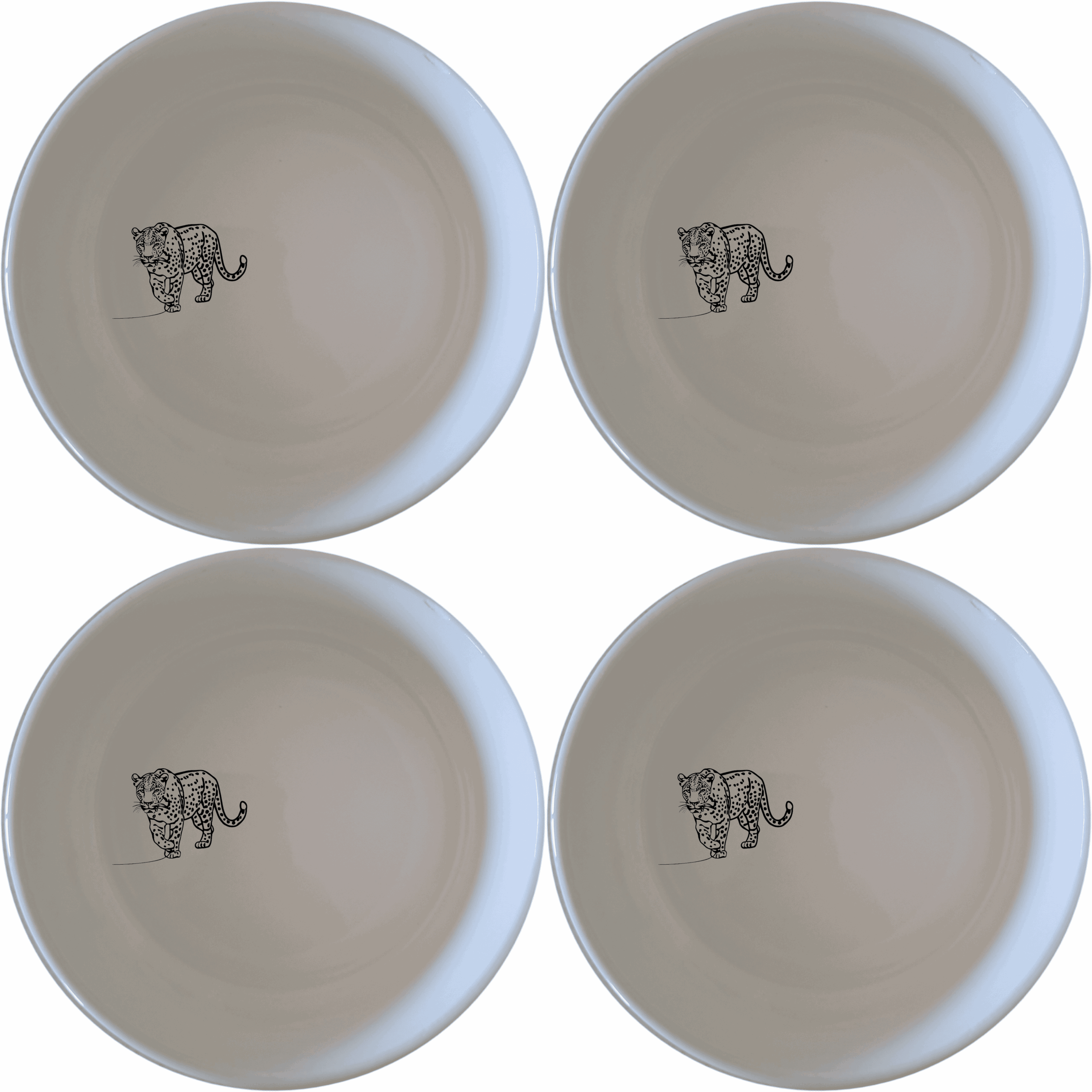 The Silhouette Big Five African Leopard Bowl Set of 4 features elegant leopard designs on white ceramic bowls, perfect for a stylish dining experience.