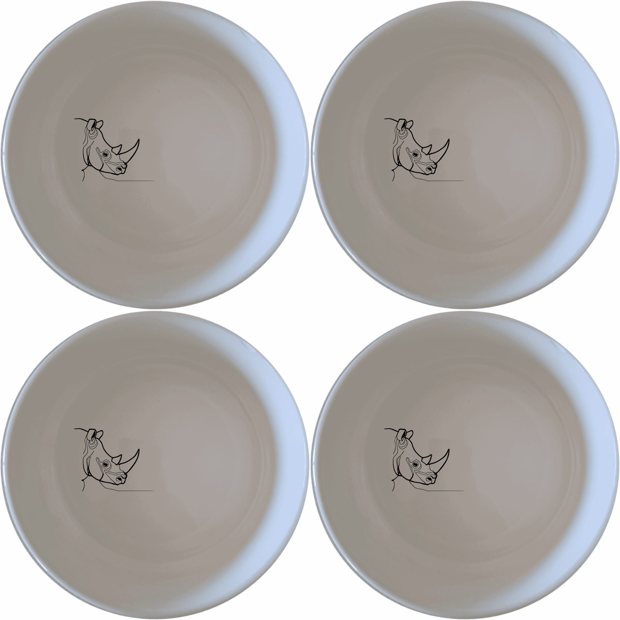 The Silhouette Big Five African Rhino Bowl Set of 4 features a minimalist design with an elegant silhouette of an African rhino, perfect for modern and stylish dining.