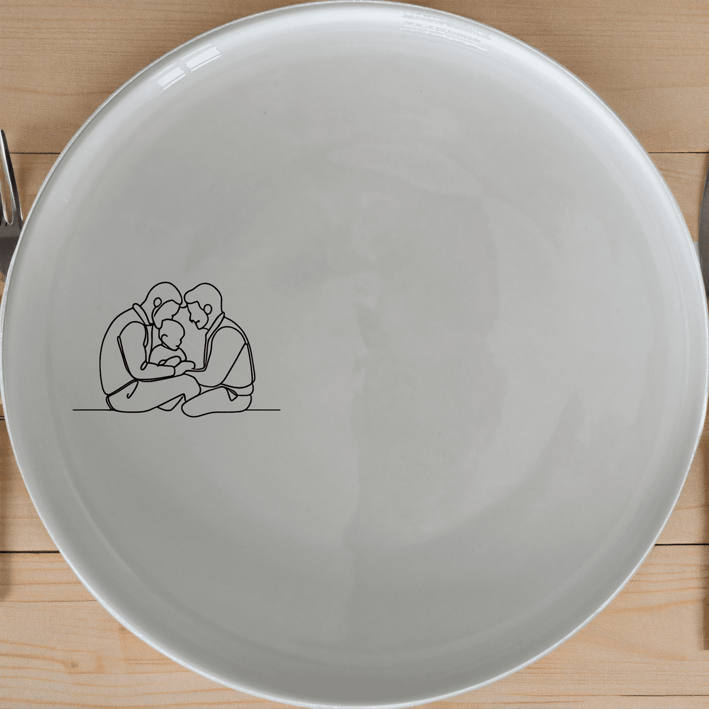 The Gay Dads Child Dinner Plate Set of 4 features a modern, abstract design perfect for contemporary dining. Crafted from durable ceramic, these plates are microwave and dishwasher safe.