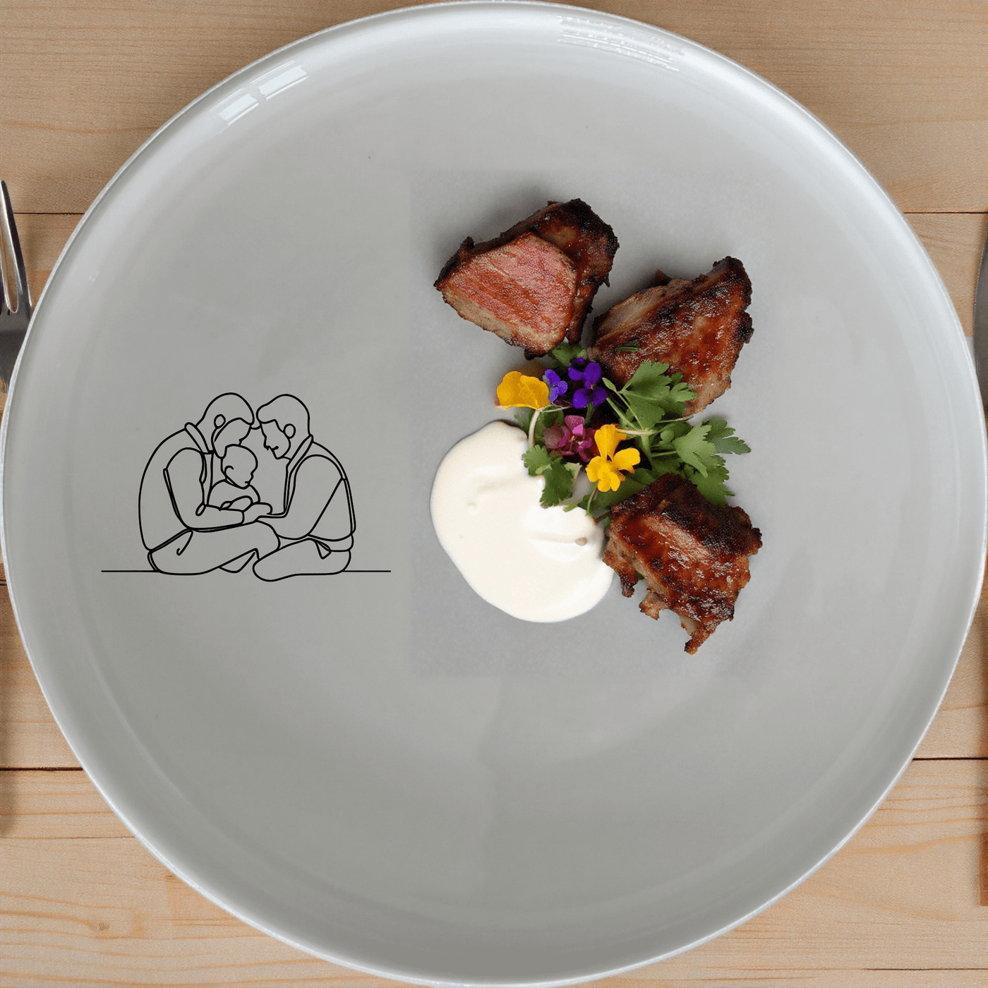 The Gay Dads Child Dinner Plate Set of 4 features a modern, abstract design perfect for contemporary dining. Crafted from durable ceramic, these plates are microwave and dishwasher safe.