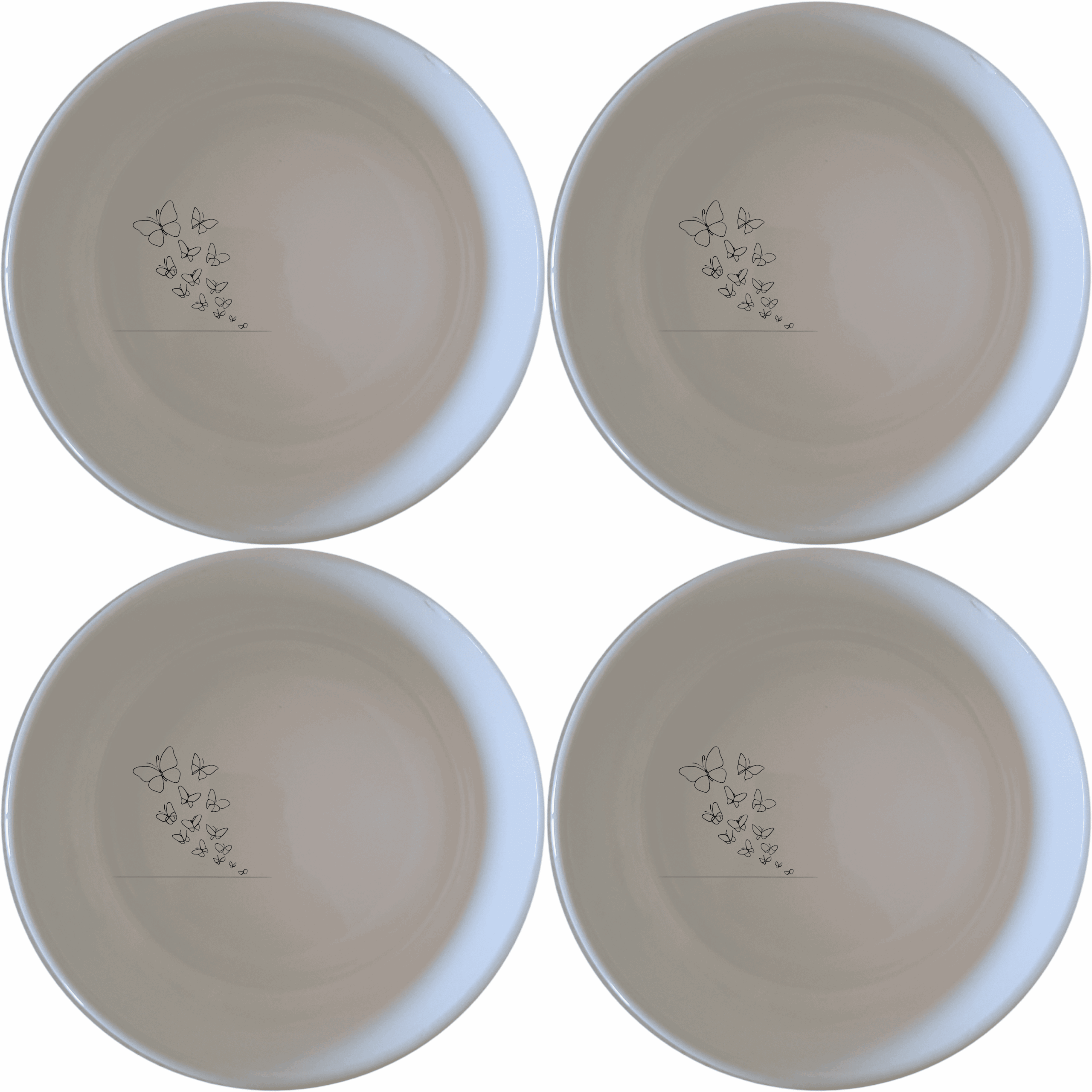 Swarm Delicate Butterflies Bowl Set of 4 - Range 1 is a beautifully designed set of four white ceramic bowls featuring a delicate butterfly pattern.