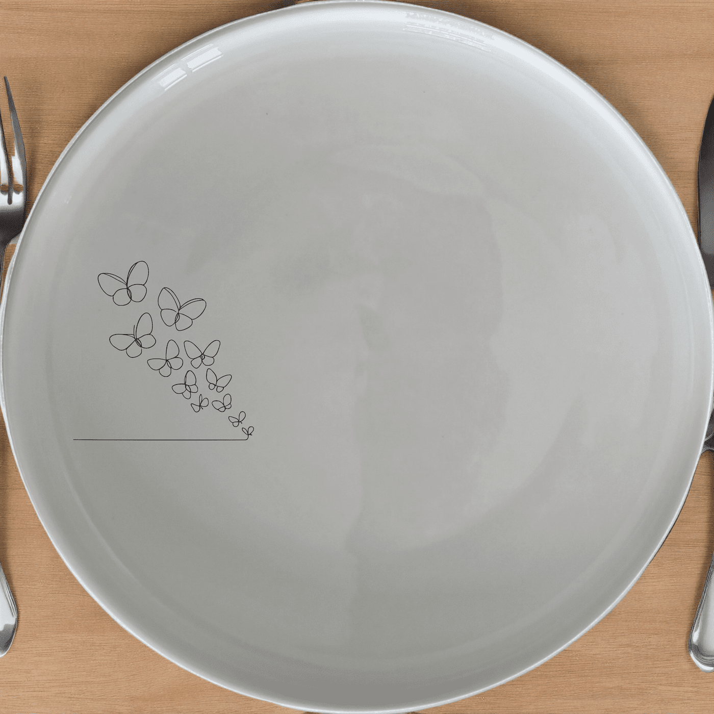 The Swarm Delicate Butterflies Side Plate Set of 4 - Range 3 is a stunning collection of white ceramic plates, each featuring an elegant laser-etched design of delicate butterflies in a flowing, abstract pattern.