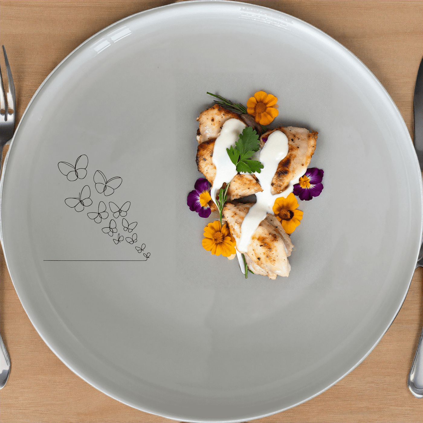 The Swarm Delicate Butterflies Side Plate Set of 4 - Range 3 is a stunning collection of white ceramic plates, each featuring an elegant laser-etched design of delicate butterflies in a flowing, abstract pattern.