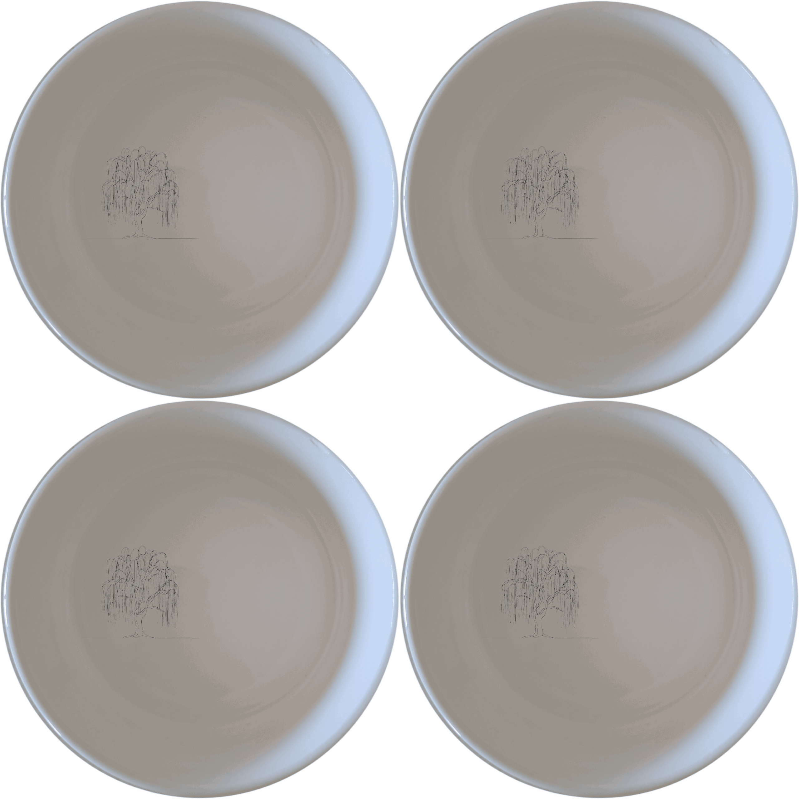 The Weeping Willow Tree Bowl Set of 4 - Range 4 is a stunning collection of ceramic bowls, each featuring a delicate laser-etched willow tree design. Perfect for any dining occasion.