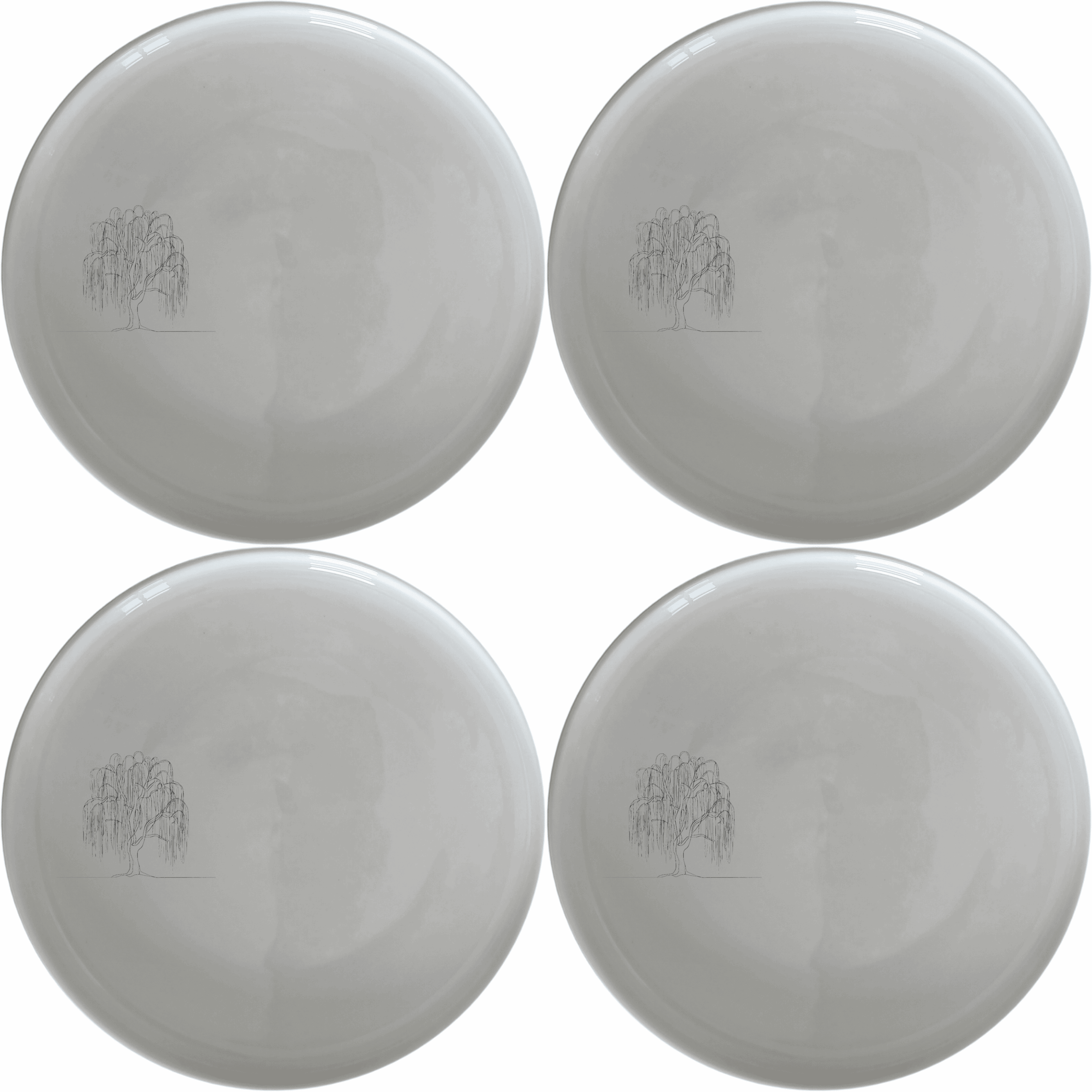 The Weeping Willow Tree Side Plate Set of 4 - Range 4 features a delicate laser-etched design on a smooth white ceramic surface, perfect for everyday use or special occasions.