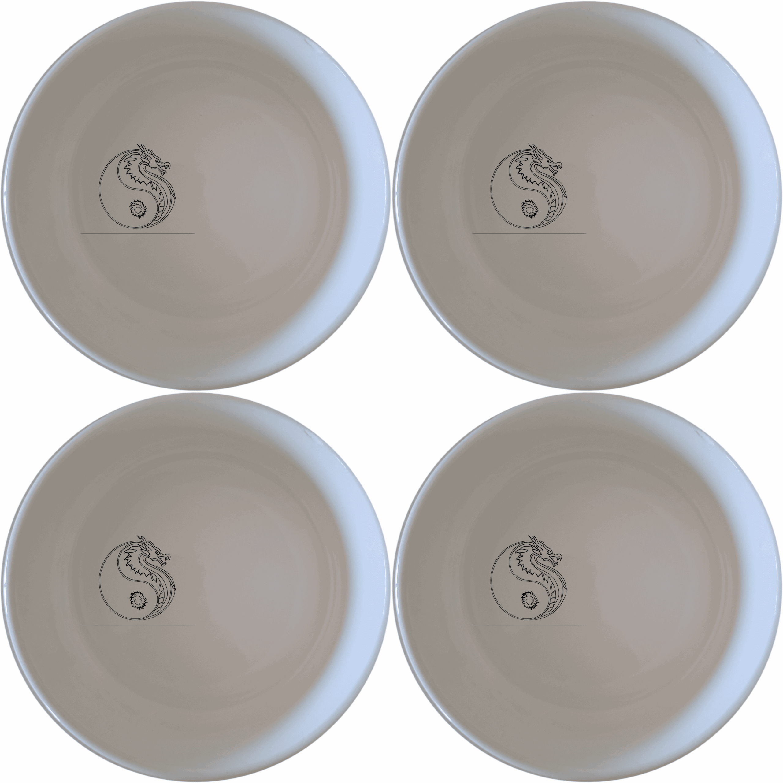 Yingyang Chinese Dragons Bowl Set of 4 - Range 1 is a stunning set of four white ceramic bowls featuring an intricate yin-yang dragon design, perfect for any dining occasion.