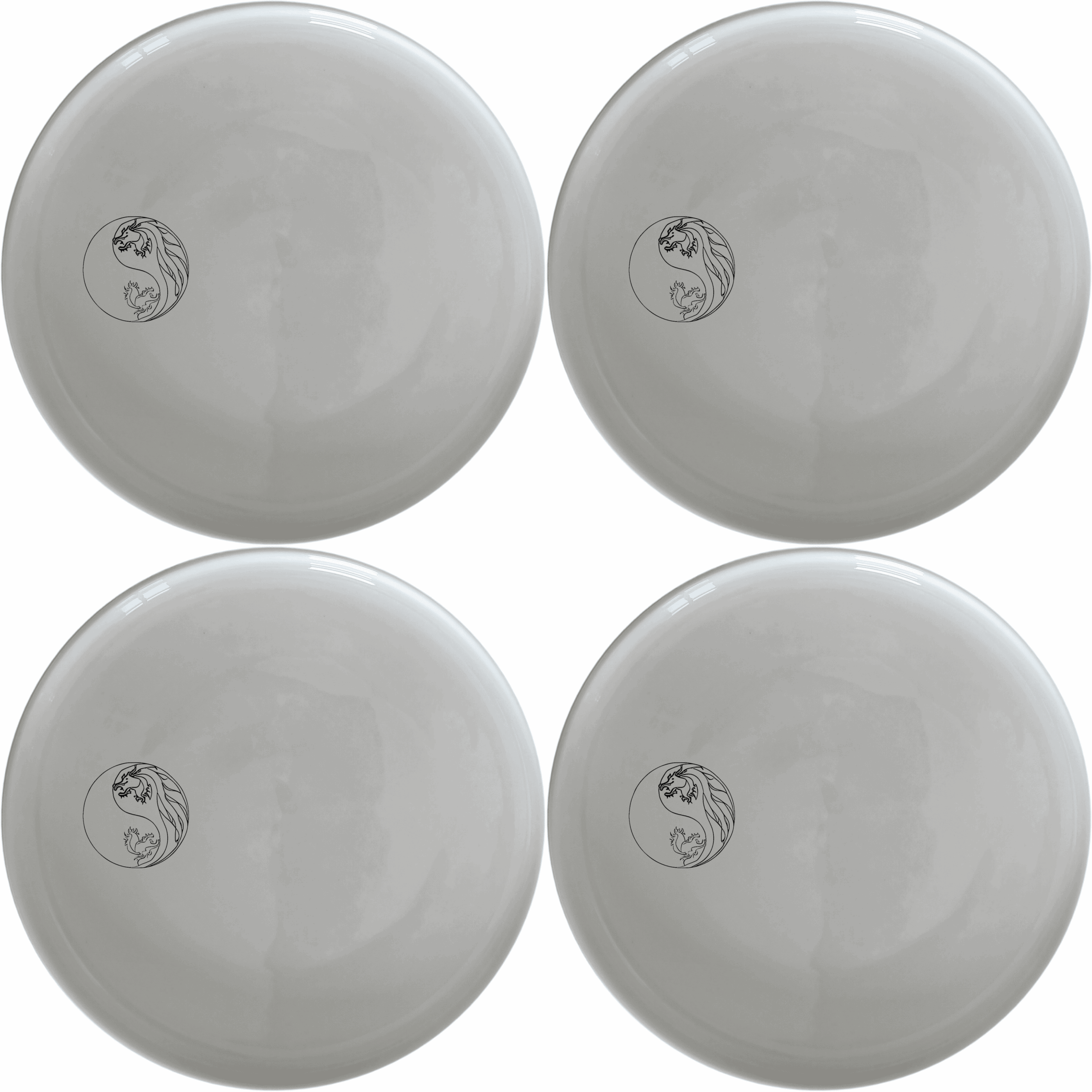 Yingyang Chinese Dragons Side Plate Set of 4 - Range 2 is a beautifully designed set of four white ceramic plates, each featuring an intricate yin-yang dragon design, perfect for adding a touch of elegance to any dining table.