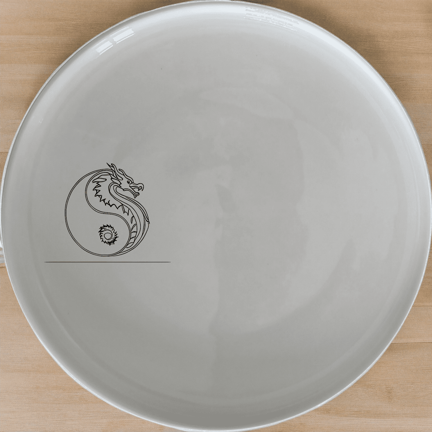 Yingyang Chinese Dragons Dinner Plate Set of 4 - Range 1 is a stunning set of four 28cm white ceramic dinner plates featuring an intricate yin-yang dragon design, perfect for elevating any dining experience.