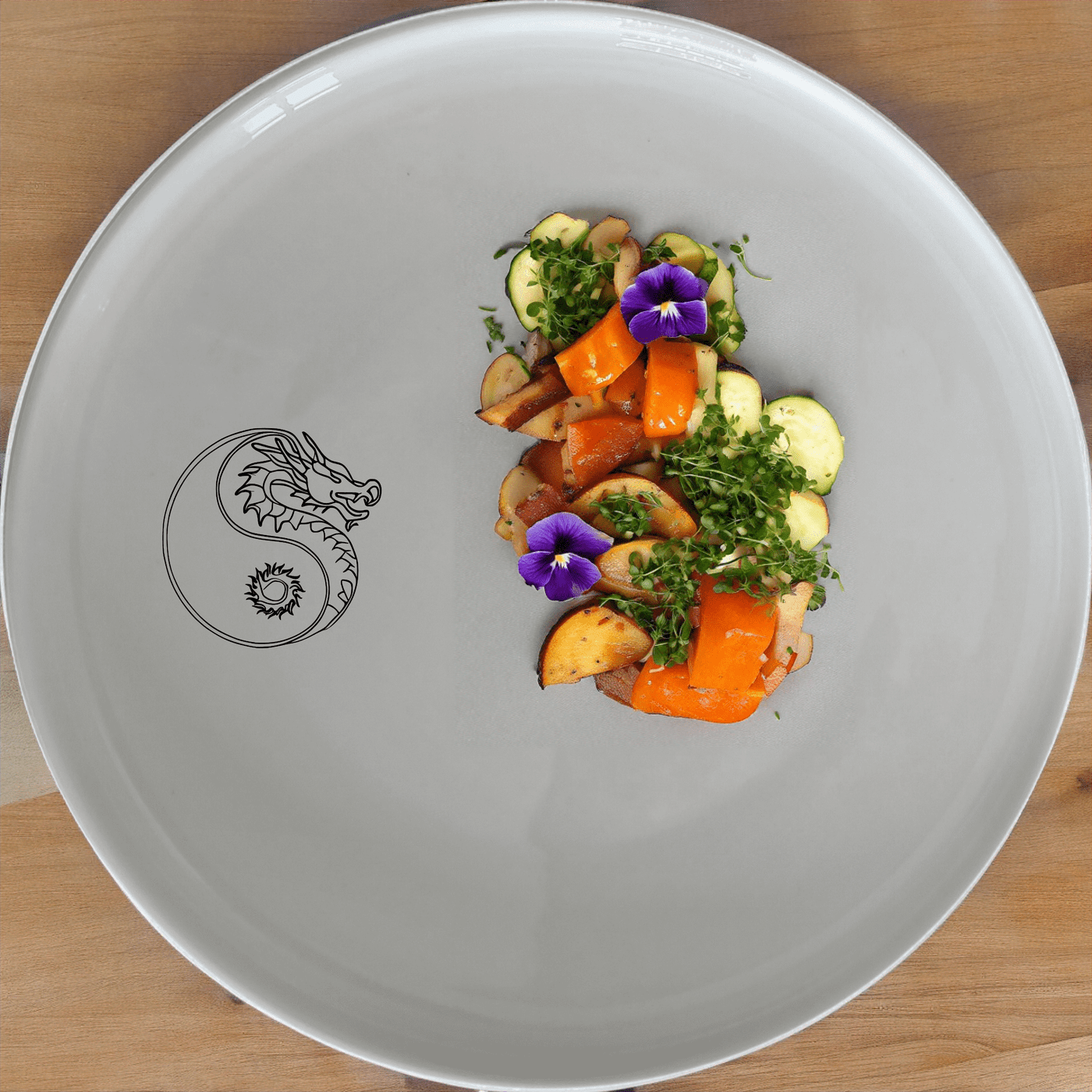 Yingyang Chinese Dragons Dinner Plate Set of 4 - Range 4 is a stunning set of four dinner plates featuring an intricate yin-yang design with dragons. These plates are perfect for adding a touch of elegance to any dining table.