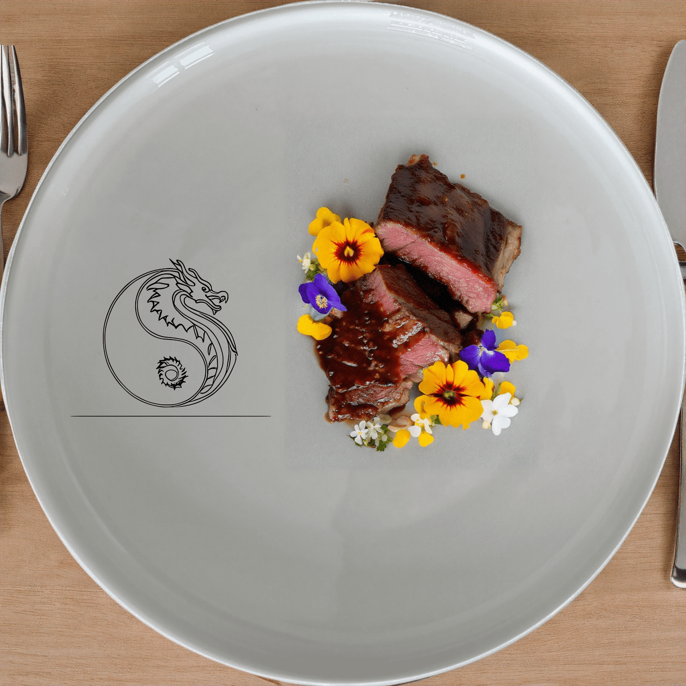 Yingyang Chinese Dragons Side Plate Set of 4 - Range 1 is a beautifully designed set of four 21cm white ceramic side plates featuring an intricate yin-yang dragon motif.