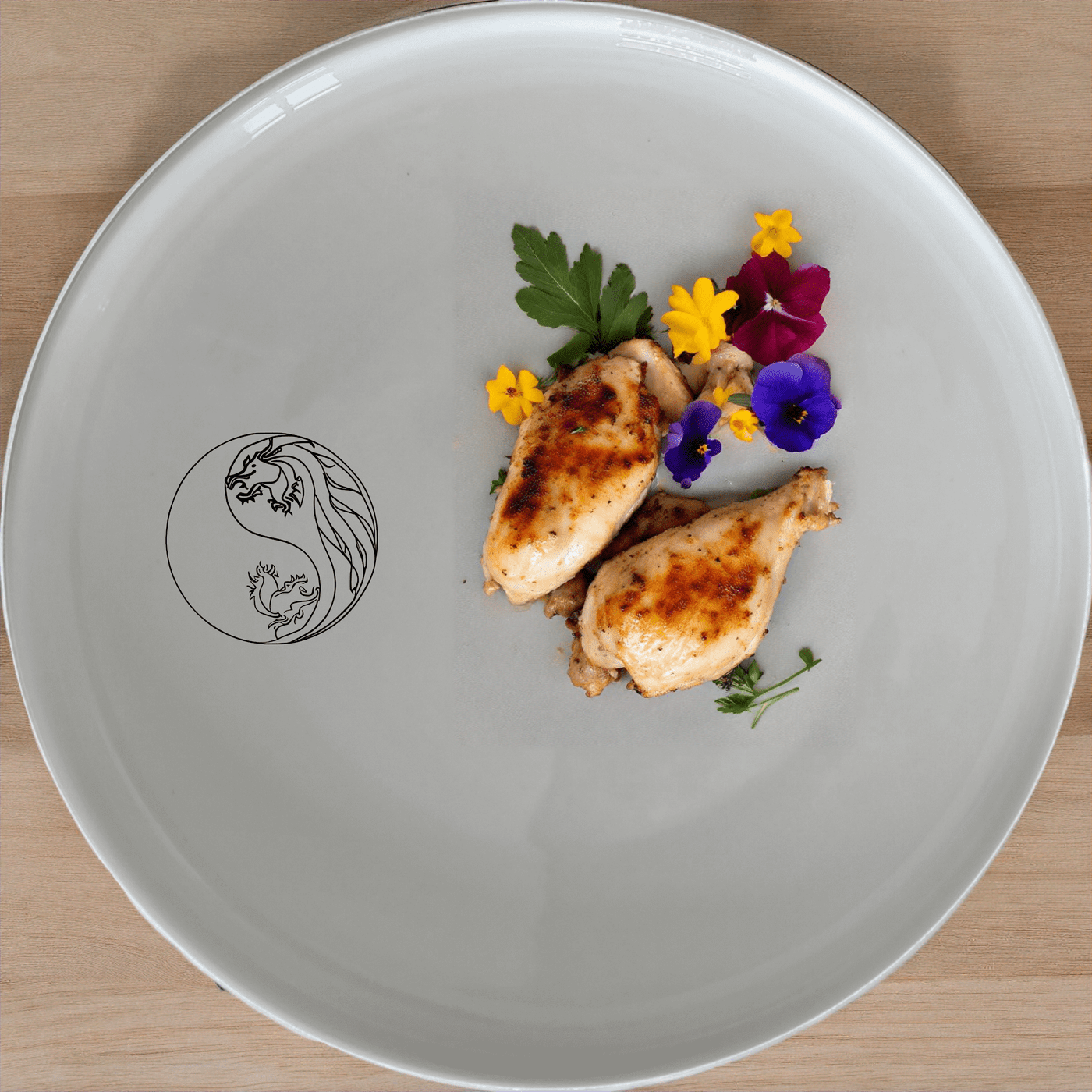 Yingyang Chinese Dragons Side Plate Set of 4 - Range 2 is a beautifully designed set of four white ceramic plates, each featuring an intricate yin-yang dragon design, perfect for adding a touch of elegance to any dining table.