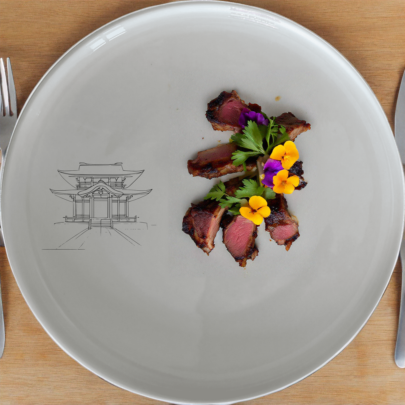 The Abstract Japanese Shinto Temple Dinnerware Set of 12 - Range 3 features elegant ceramic pieces with traditional temple designs, perfect for any dining occasion.