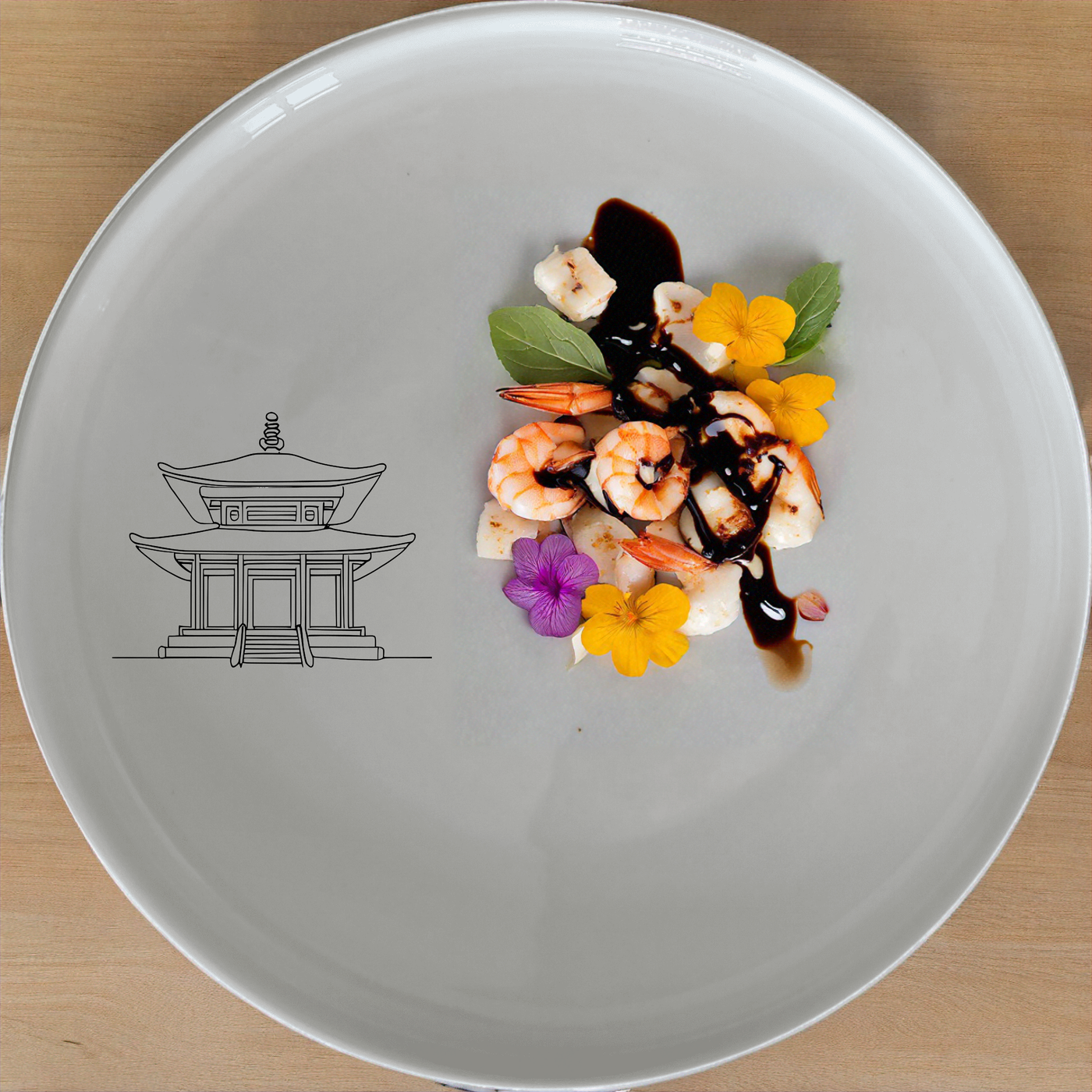 The Abstract Japanese Shinto Temple Dinnerware Set of 12 - Range 1 features minimalist designs inspired by traditional Shinto temples, perfect for modern dining.