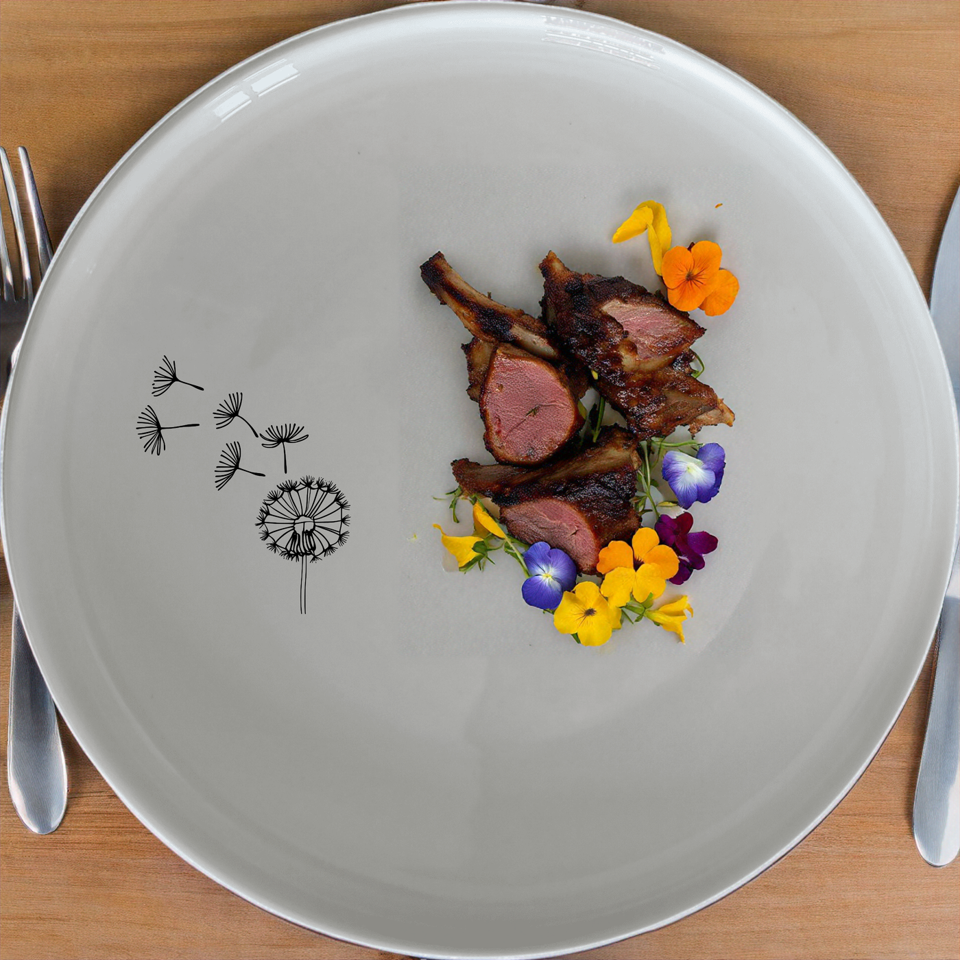 The Dandelion Seeds Wind Dinnerware Set of 12 - Range 3 features delicate dandelion designs on white ceramic plates, perfect for adding a touch of nature to your dining experience.