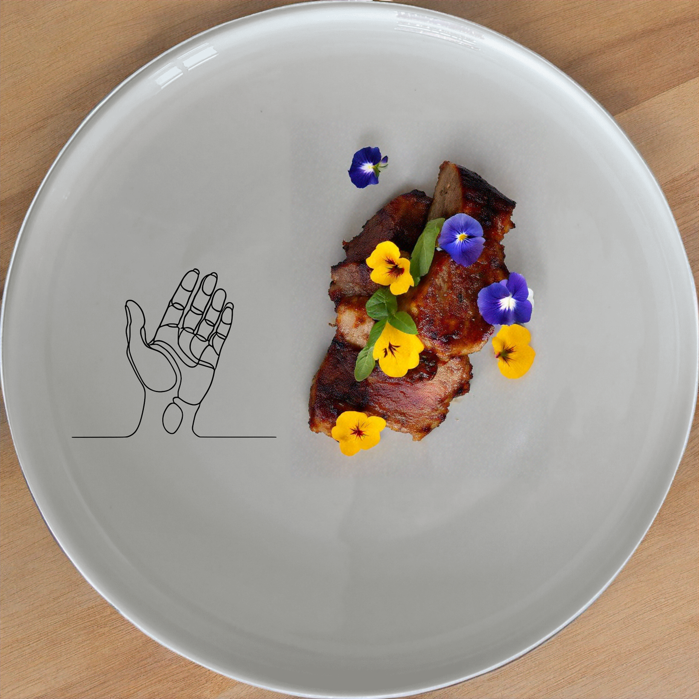 The Drawing Hand Dinnerware Set of 12 - Range 3 features minimalist hand illustrations, perfect for modern dining. This set includes dinner plates, side plates, and bowls, all crafted from durable ceramic.