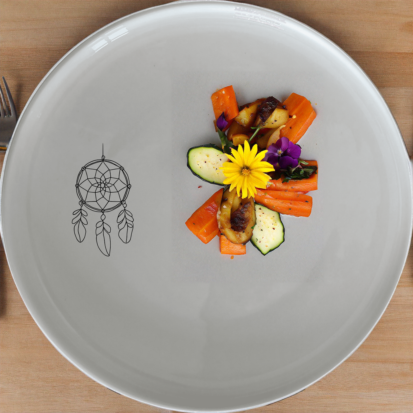 The Dreamcatcher Feather Dinnerware Set of 12 - Range 3 brings a touch of spiritual elegance to your table, featuring delicate dreamcatcher designs on each piece.
