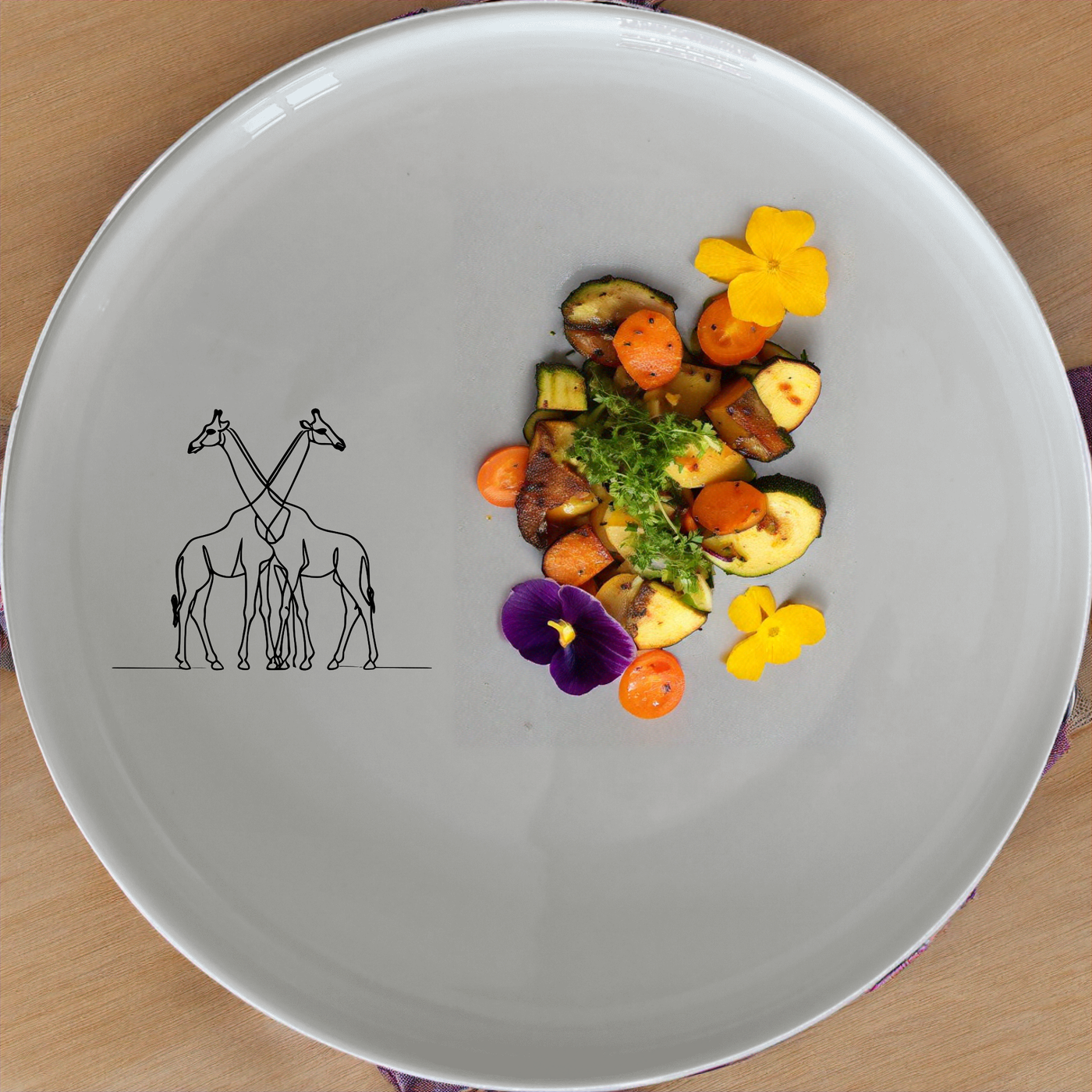 Elongated Intertwined Giraffes Dinnerware Set of 12 - Range 1 is a stylish and unique dinnerware set featuring intertwined giraffe designs, perfect for adding a touch of elegance to any dining occasion.