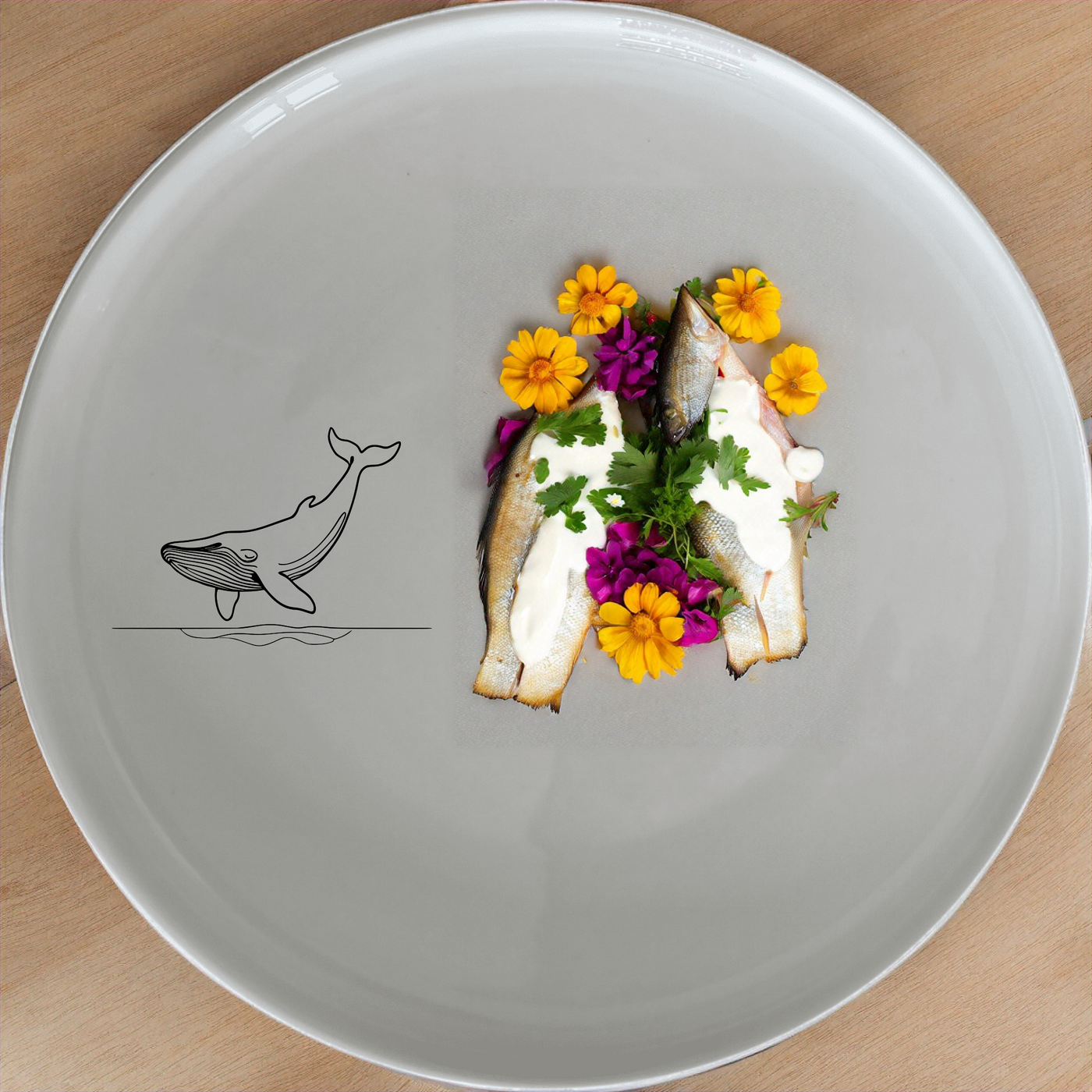 The Floating Breaching Whale Dinnerware Set of 12 - Range 2 features elegant whale designs on white ceramic plates, perfect for any dining occasion.
