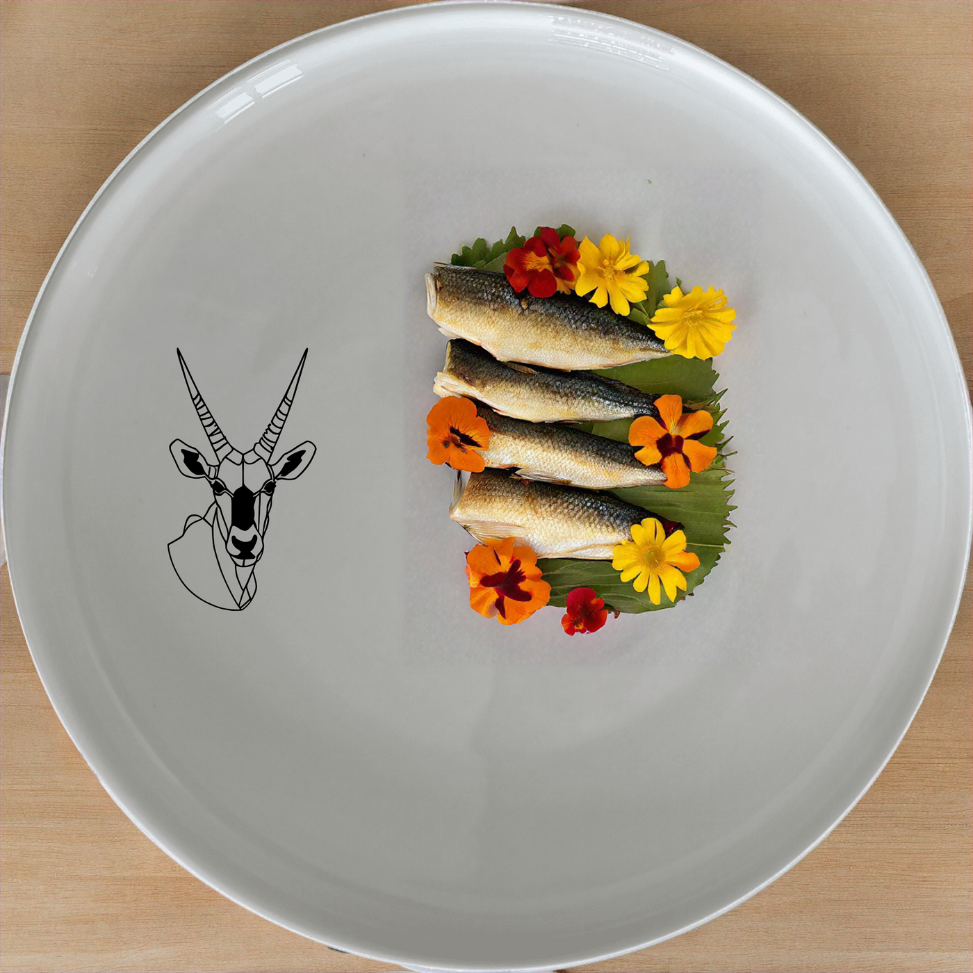 The Gemsbok Bust Dinnerware Set of 12 - Range 4 features sleek, modern design with a striking gemsbok silhouette for a touch of nature-inspired elegance.