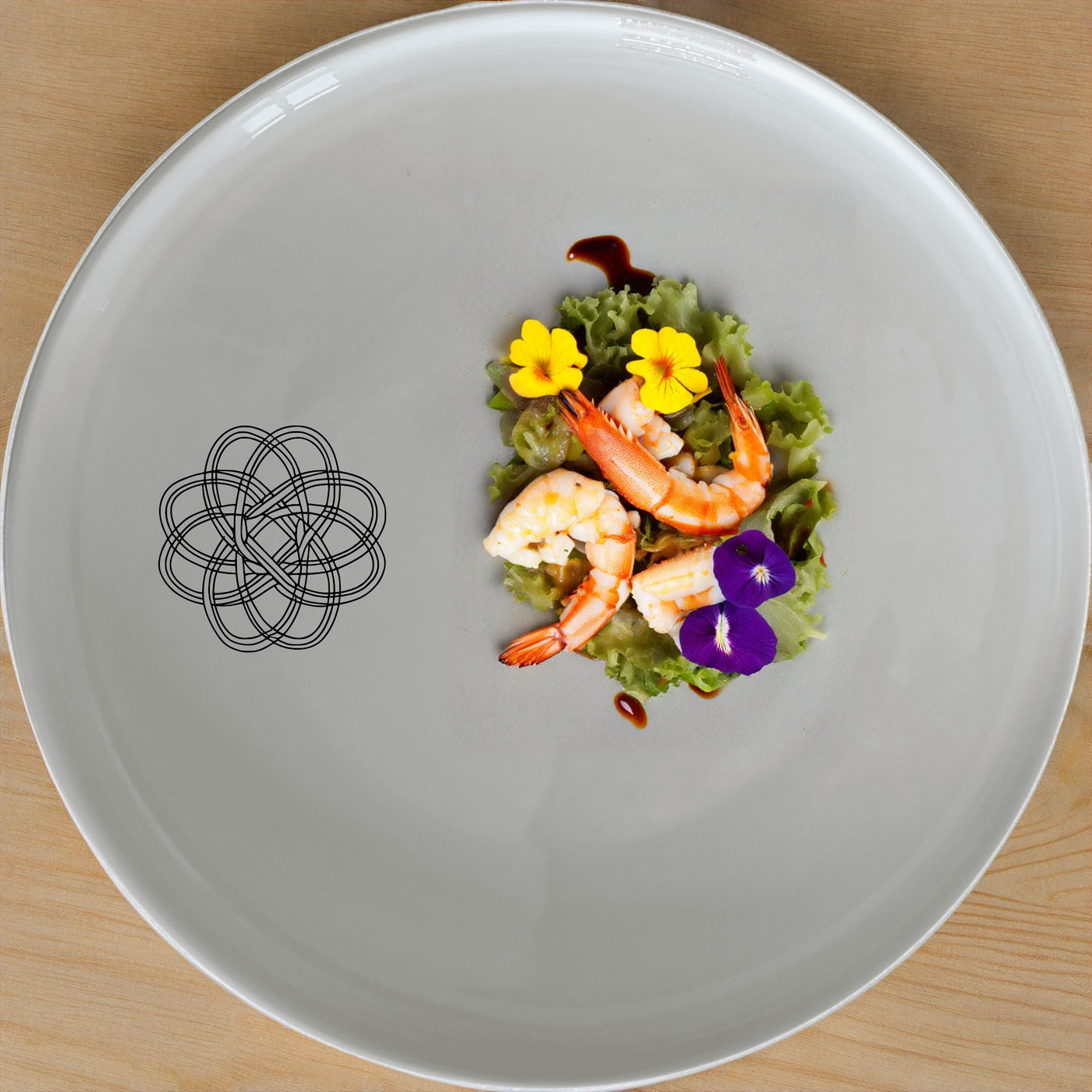 The Geometric Knots Dinnerware Set of 12 - Range 2 features intricate knot designs on white ceramic plates, bowls, and side plates, perfect for modern dining.