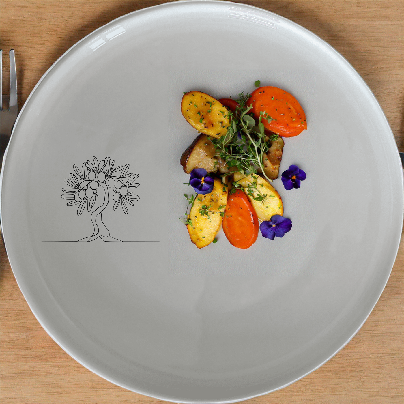 The Grecian Olive Tree Dinnerware Set of 12 - Range 1 brings classic elegance to your table with its timeless olive tree design.