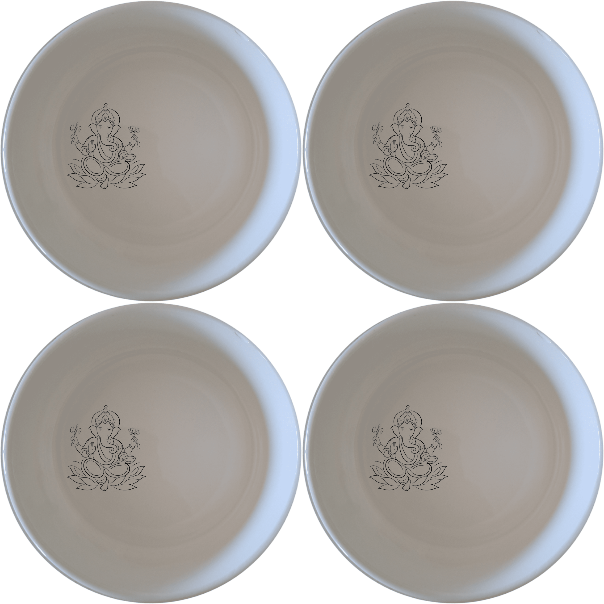 Lord Ganesha Hindu Bowl Set of 4 - Range 1 is a beautifully designed set of four white ceramic bowls featuring the iconic image of Lord Ganesha. Perfect for everyday use or special occasions, these bowls add a touch of spiritual elegance to your dining table.