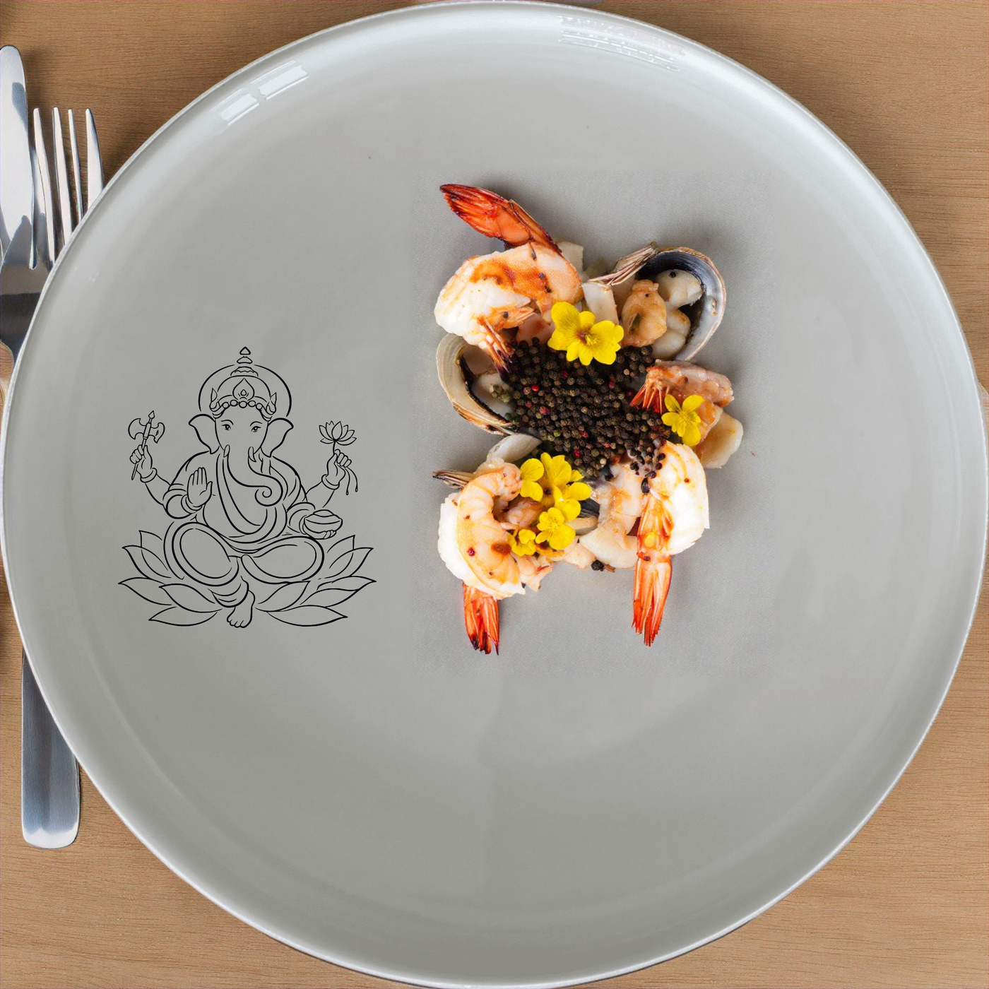 Lord Ganesha Hindu God Dinner Plate Set of 4 - Range 1 is a beautiful and unique dinner plate set featuring the iconic Lord Ganesha design.