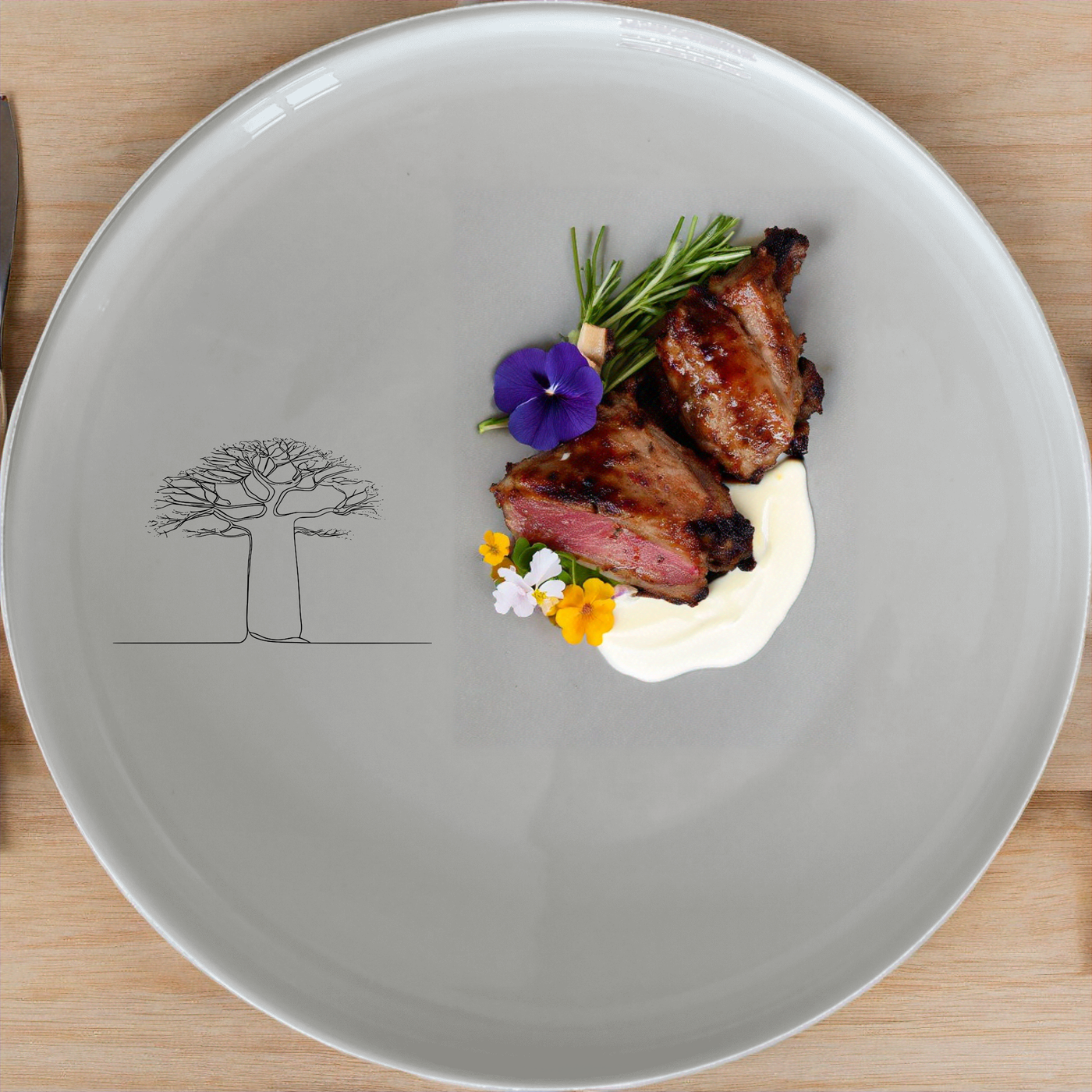The Majestic Boabab Tree Dinnerware Set of 12 - Range 1 is a stunning collection of ceramic plates, bowls, and saucers featuring a minimalist tree design, perfect for modern dining.