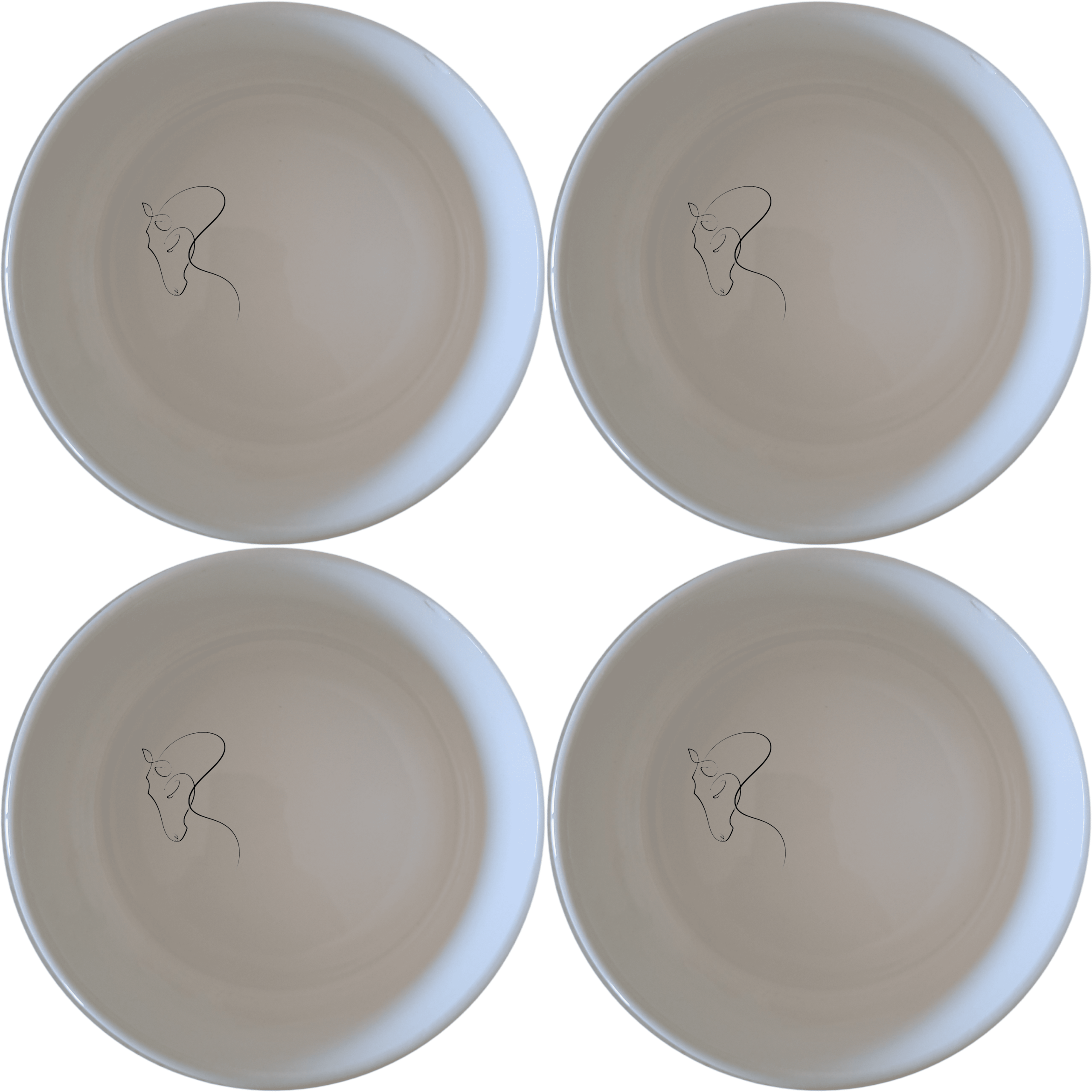 Minimalist Simple Line Horse Bowl Set of 4 - Range 1 is a stylish and modern addition to your kitchen. These 12cm bowls feature a sleek design with a subtle horse silhouette, perfect for everyday use or special occasions. Crafted from durable ceramic, they are microwave and dishwasher safe. Ideal for serving cereals, soups, or desserts.
