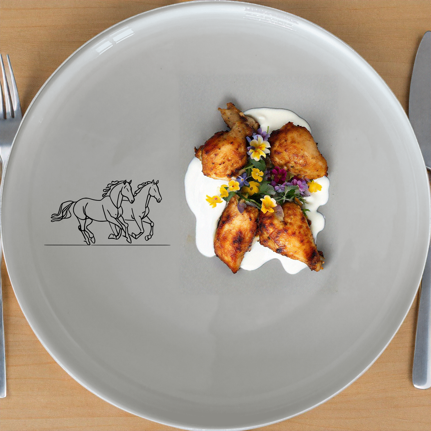 The Silhouette Running Horses Dinnerware Set of 12 - Range 3 features elegant running horses designs on white ceramic plates, bowls, and side plates for a sophisticated dining experience.