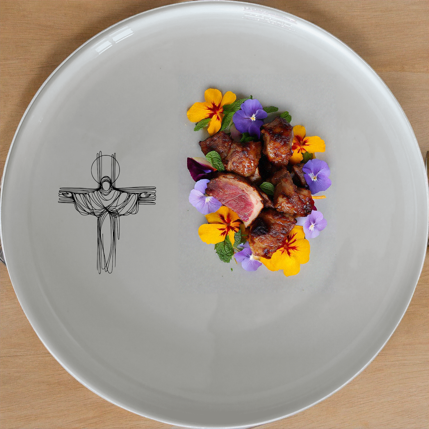 Crucifixion Jesus Side Plate Set of 4 - Range 1 is a beautifully designed set of four side plates featuring a detailed illustration of Jesus on the cross. Perfect for adding a touch of religious artistry to your dining table.