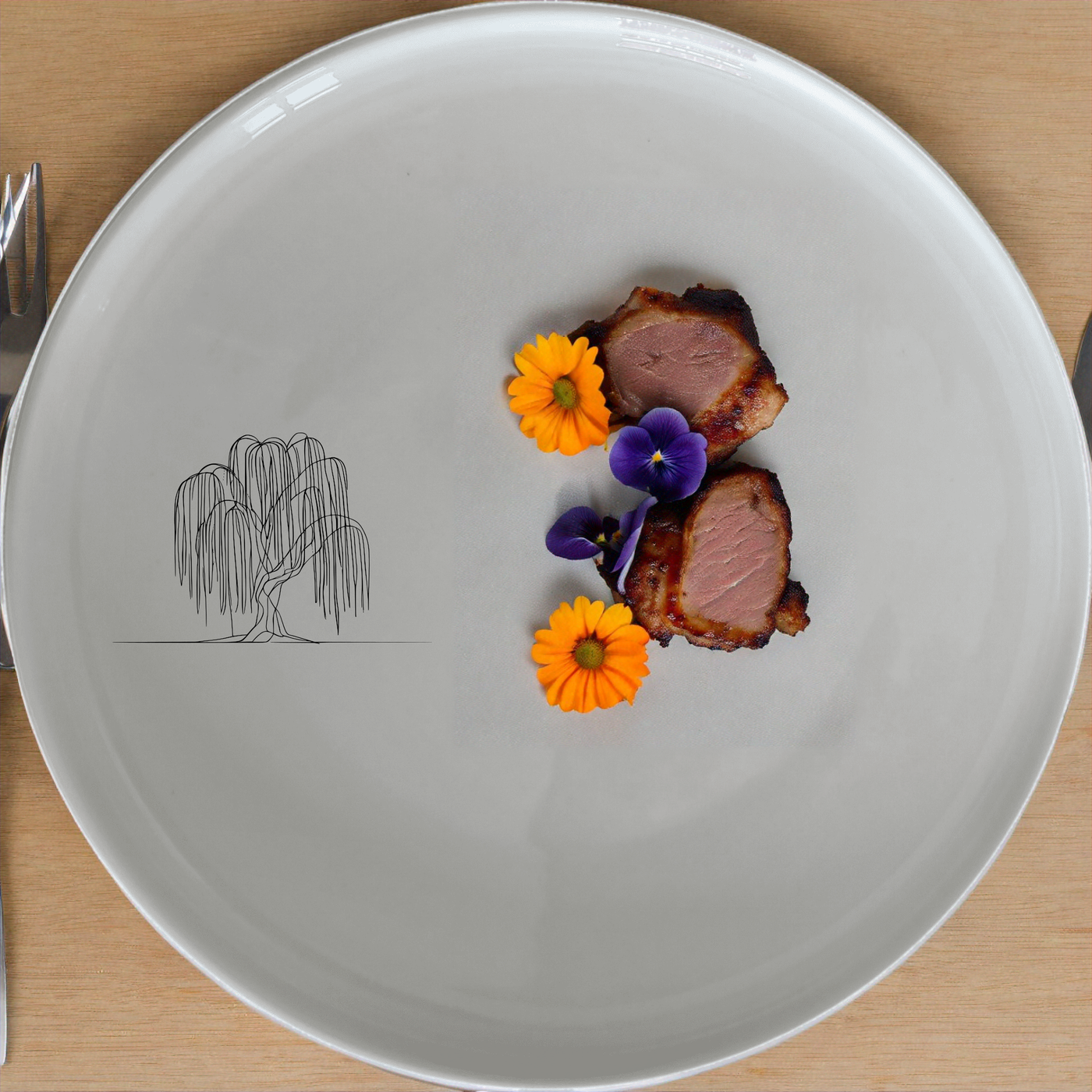 The Weeping Willow Tree Dinnerware Set of 12 - Range 1 features elegant tree designs on white ceramic plates, perfect for any dining occasion.