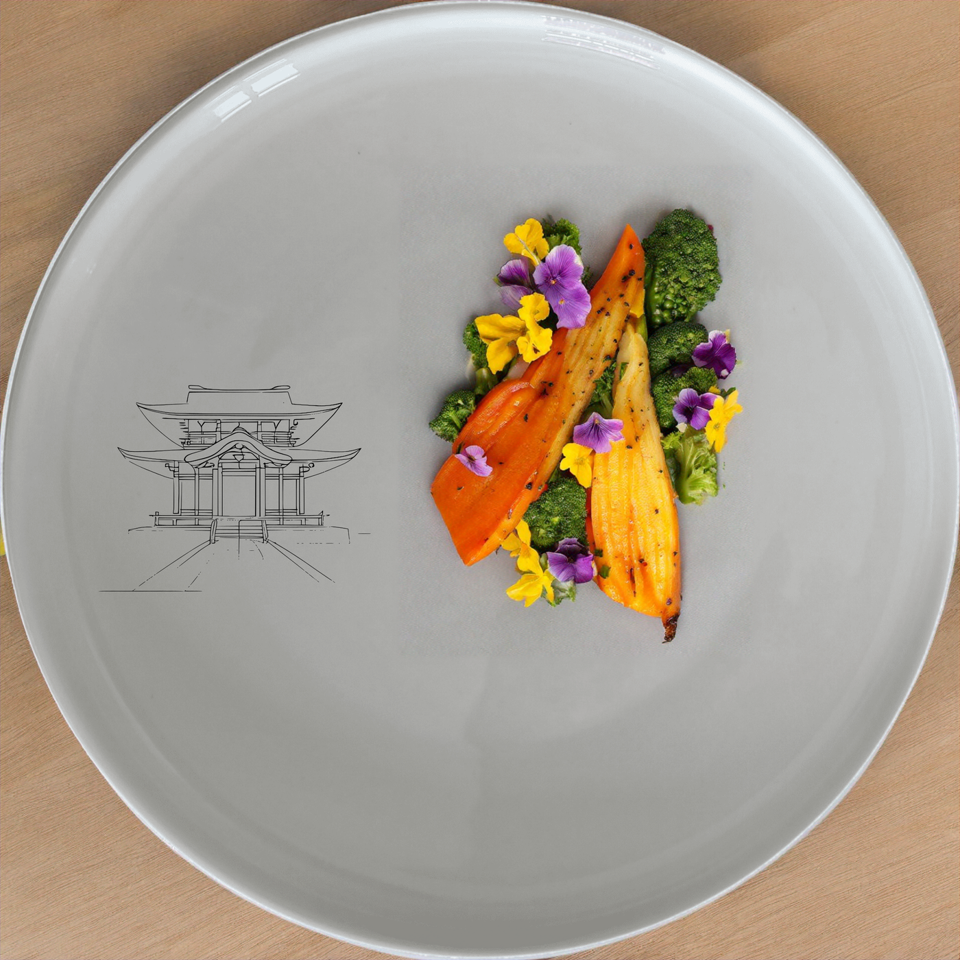 Abstract Japanese Shinto Temple Dinner Plate Set of 4 - Range 3 is a stunning set of four 28cm ceramic plates featuring a minimalist design inspired by traditional Japanese architecture.