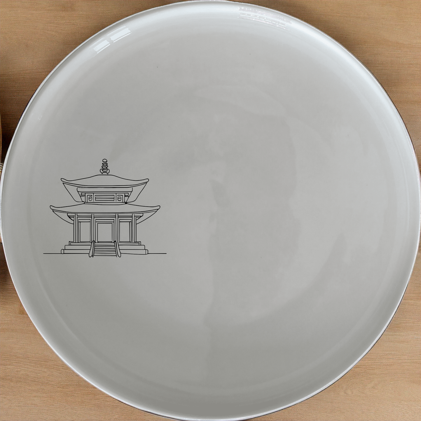 Abstract Japanese Shinto Temple Dinner Plate Set of 4 - Range 4 features elegant temple designs on white ceramic plates.