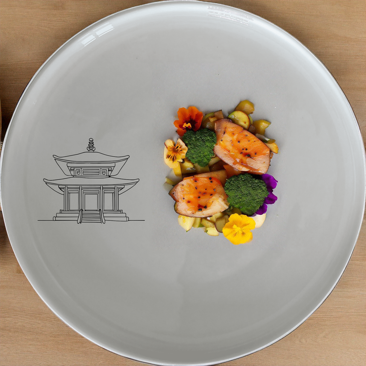 Abstract Japanese Shinto Temple Dinner Plate Set of 4 - Range 4 features elegant temple designs on white ceramic plates.