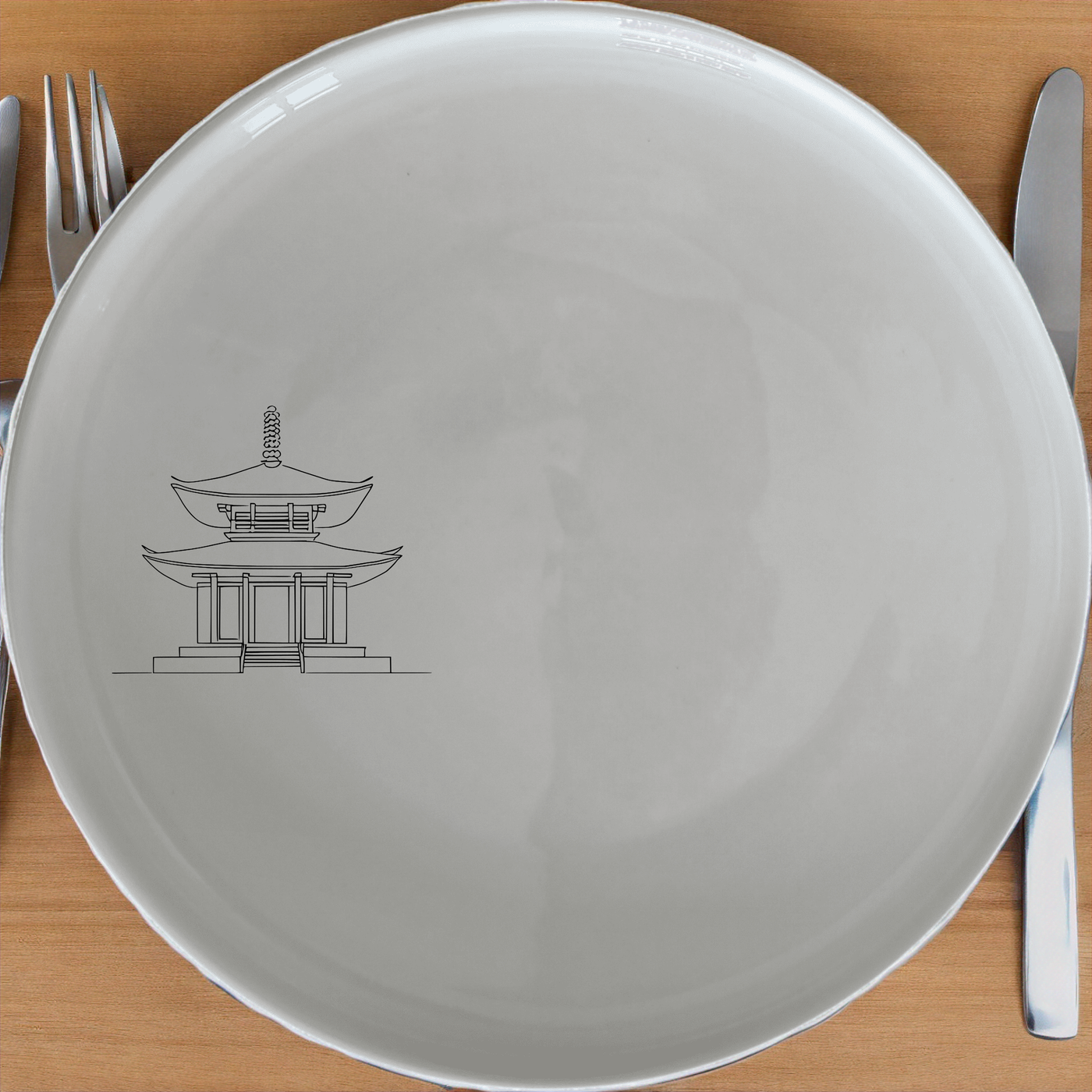 Abstract Japanese Shinto Temple Side Plate Set of 4 - Range 2 is a stylish and modern dinnerware set perfect for any home. This set includes four side plates featuring a minimalist design inspired by traditional Japanese architecture.