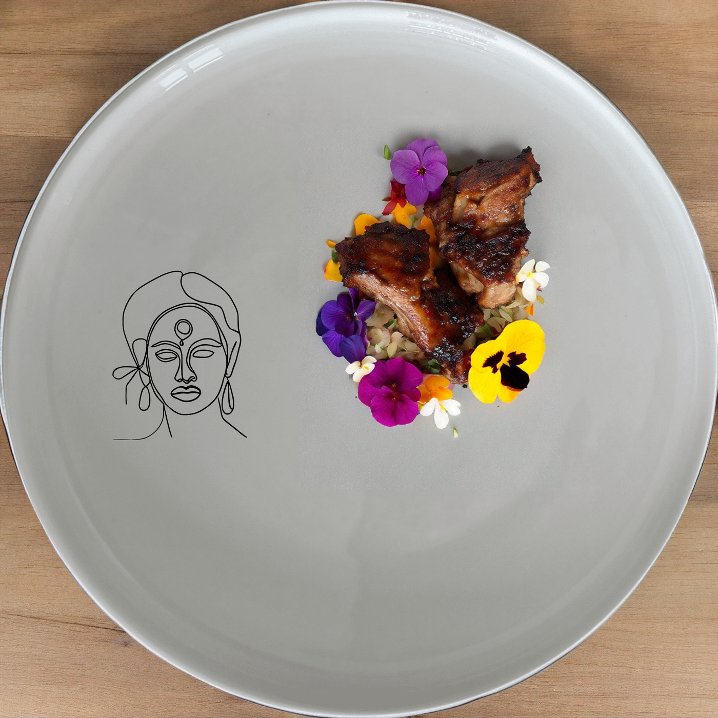 The Face Maasi Young Woman Dinner Set of 12 features a striking abstract design, perfect for modern dining. This set includes four dinner plates, four side plates, and four bowls, each showcasing a unique artistic touch.