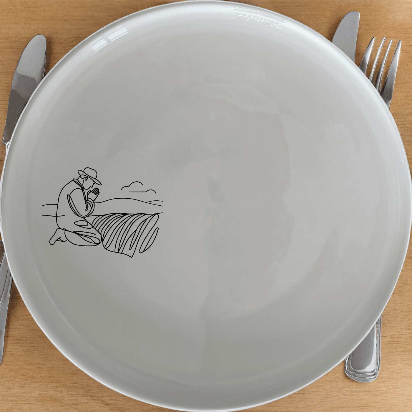 Farmer Praying Field Dinner Plate Set of 4 - Range 3 is a beautifully designed dinner plate set featuring a serene farmer praying in his field illustration.