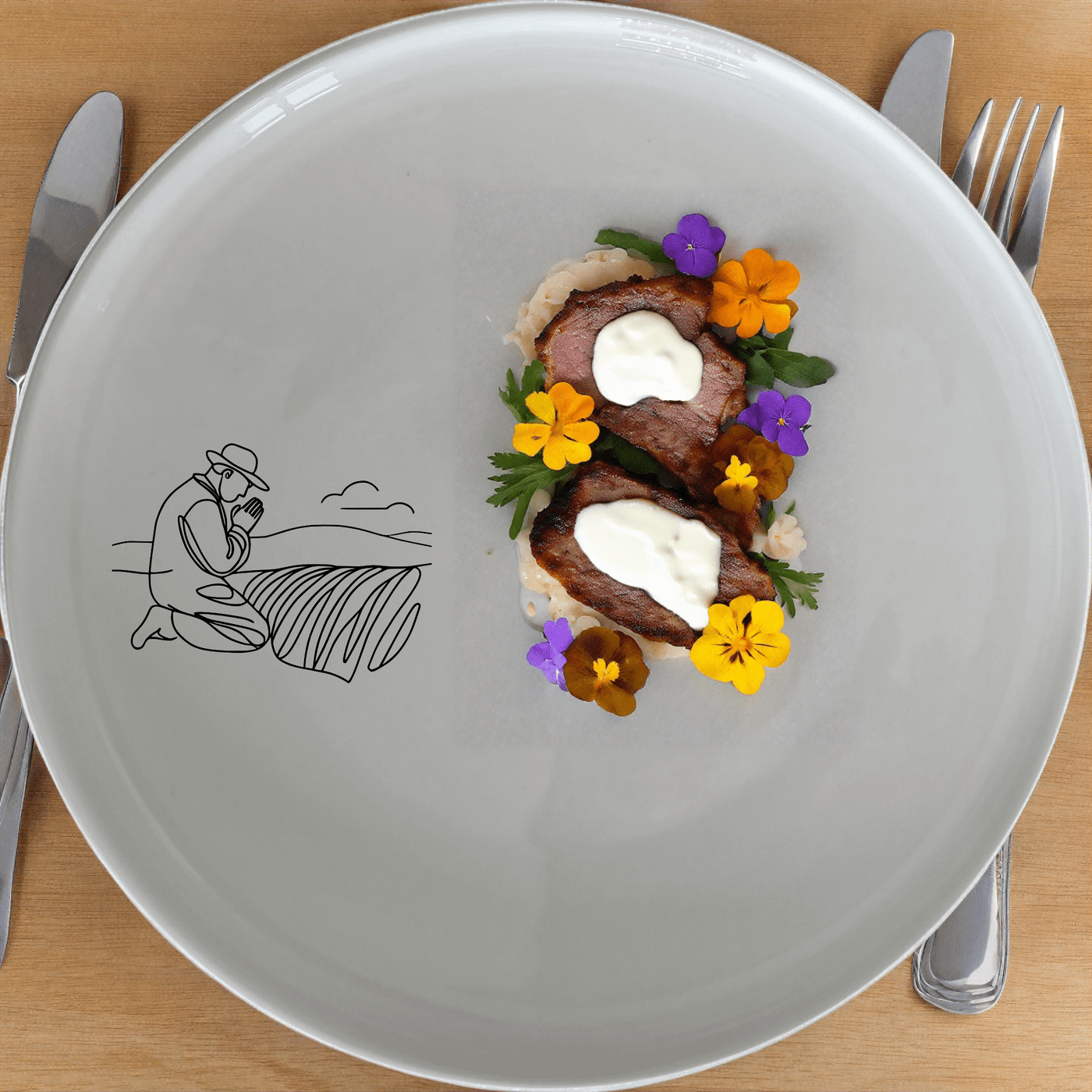 Farmer Praying Field Dinner Plate Set of 4 - Range 3 is a beautifully designed dinner plate set featuring a serene farmer praying in his field illustration.