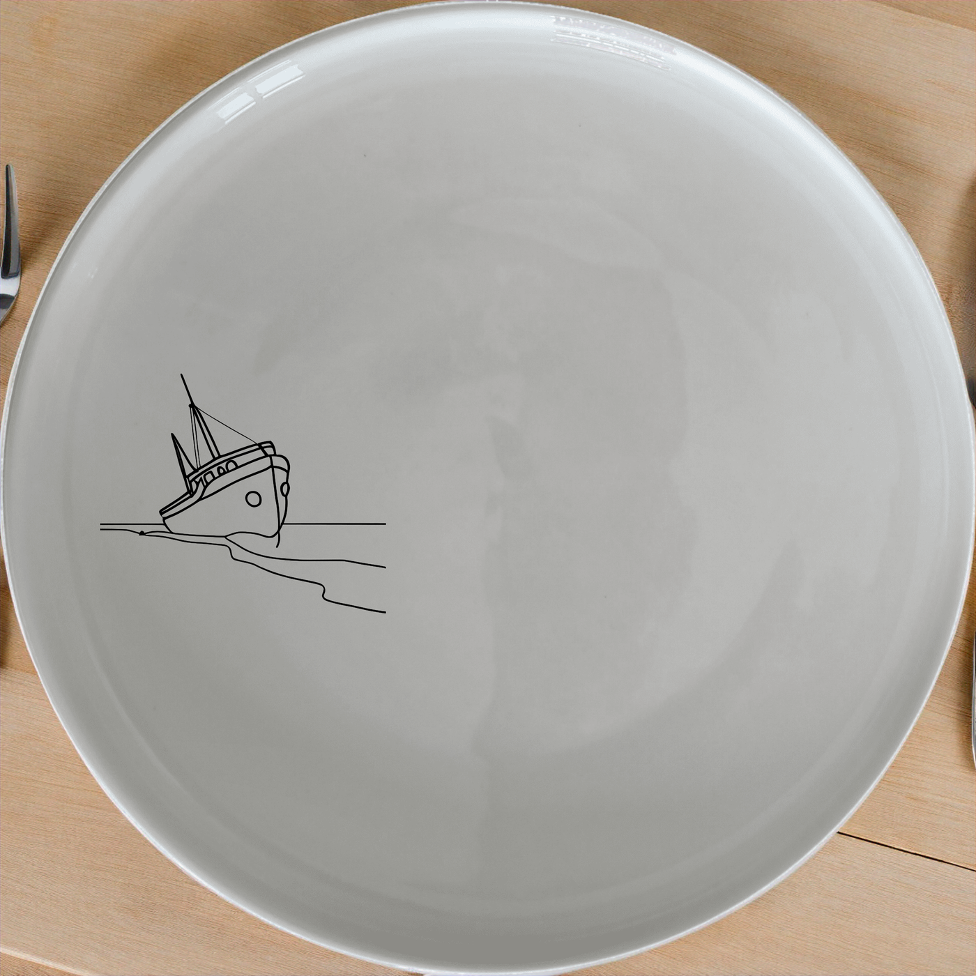 The Wreck Deserted Beach Dinner Plate Set of 4 - Range 3 features a serene beach scene with a shipwreck, perfect for adding a touch of nautical charm to your dining table.