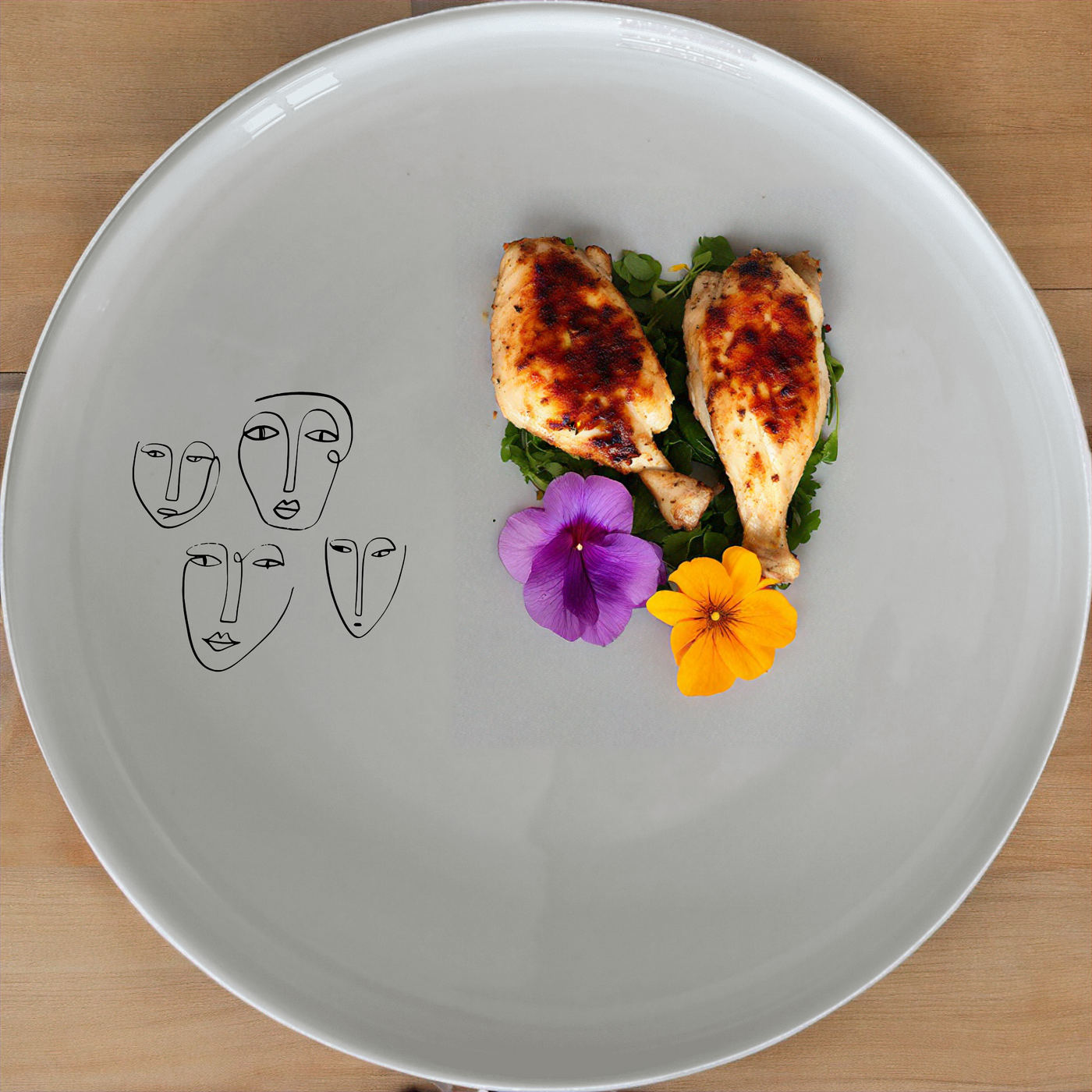 The Four Faces Life Dinner Set of 12 combines modern art with everyday dining, featuring abstract face designs on white ceramic plates, bowls, and side plates for a stylish and versatile collection.