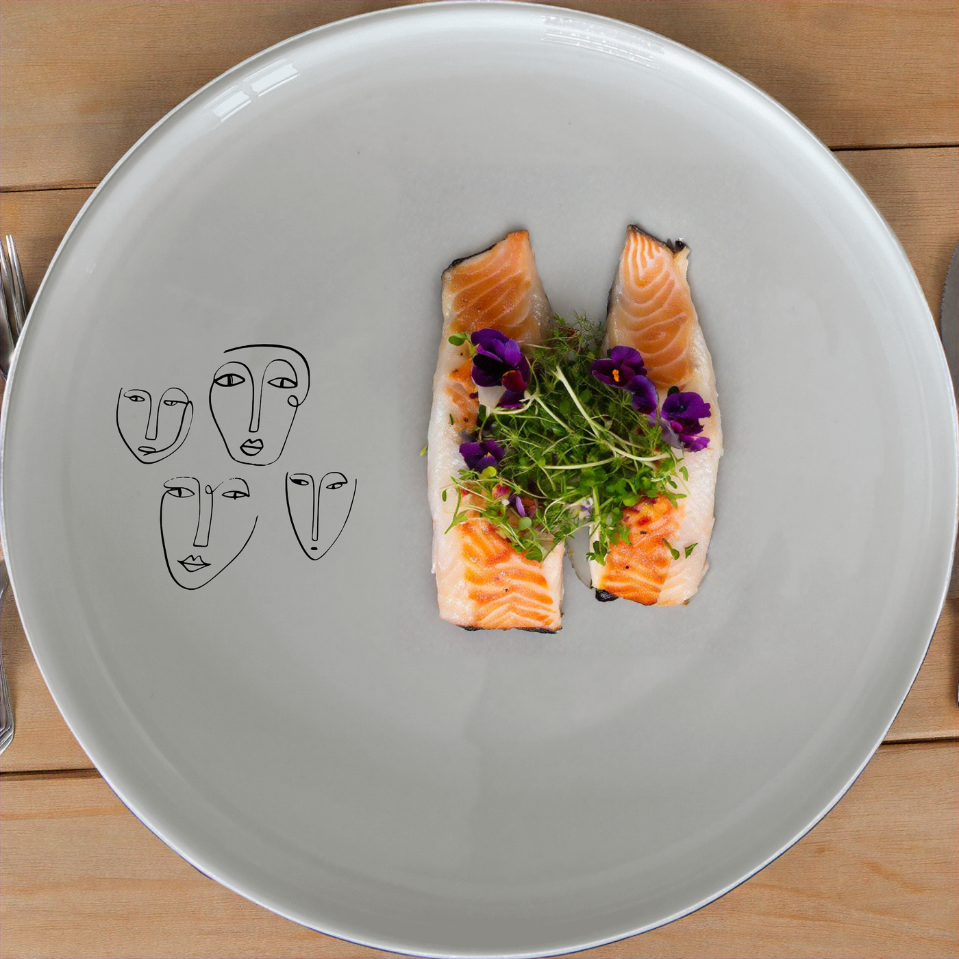 The Four Faces Dinner Plate Set of 4 - Range 1 features abstract face designs on white ceramic plates, perfect for modern dining settings.