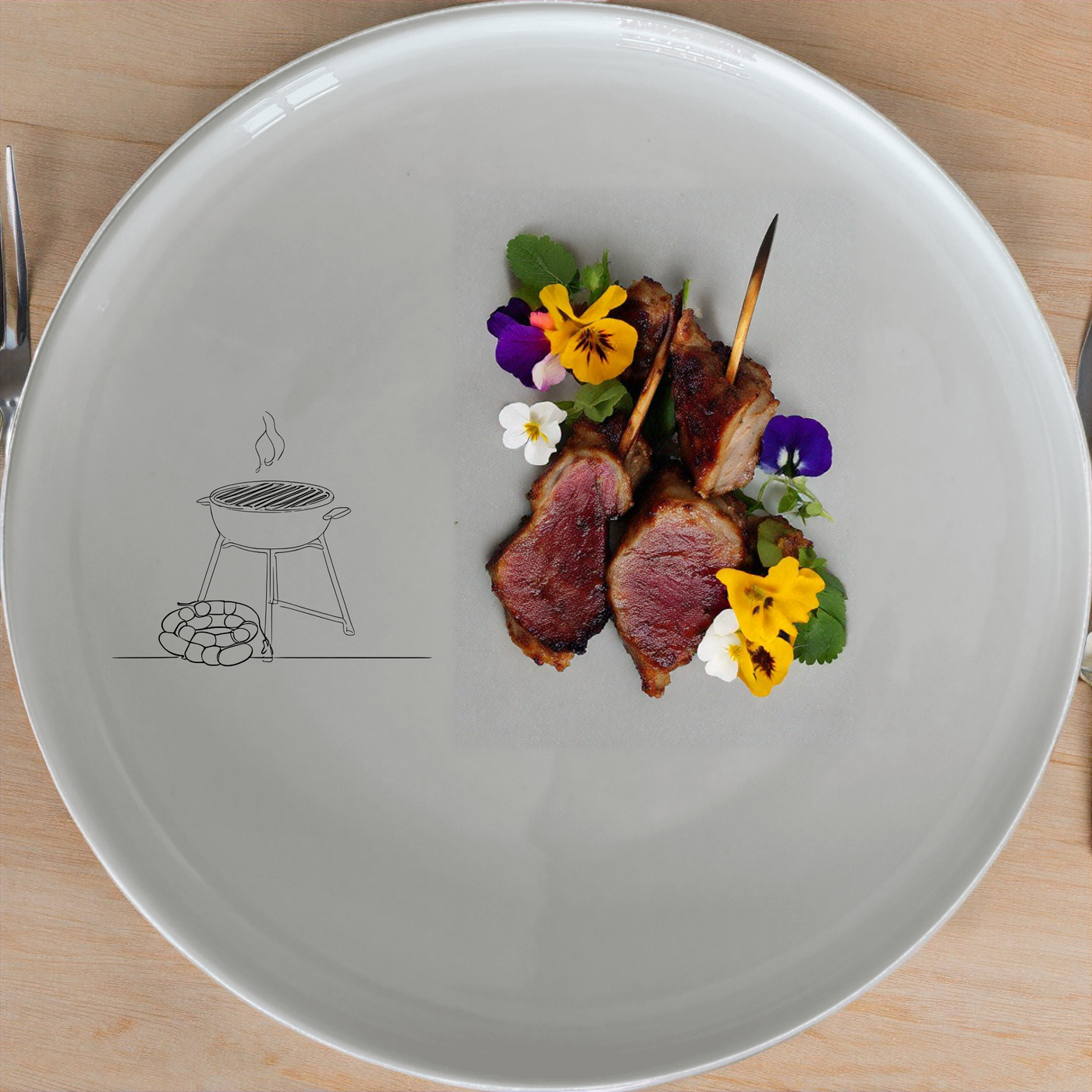 Braai Boerewors Dinner Set of 12 - Range 1 is a stylish and practical dinner set perfect for any home kitchen. This set includes four dinner plates, four side plates, and four bowls, all featuring a unique braai and boerewors design.