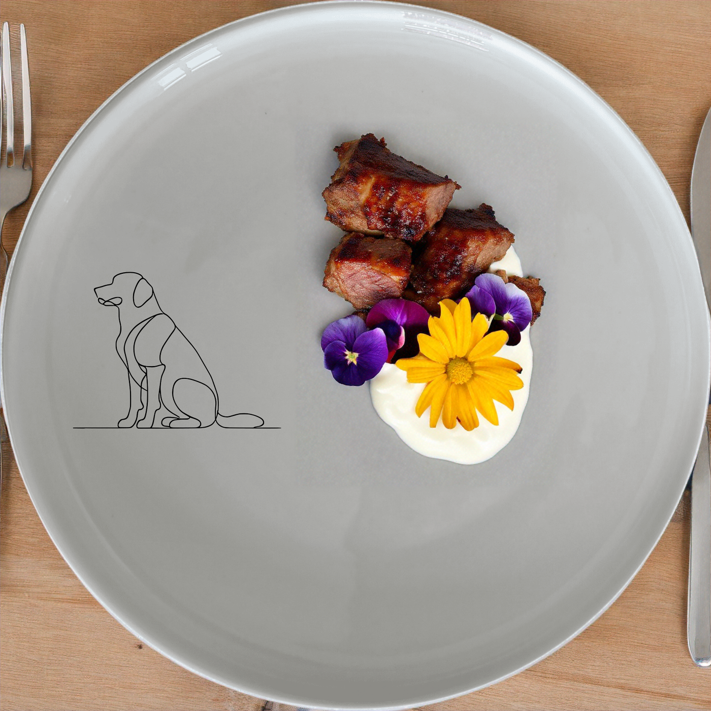 The Dog Breeds Dinnerware Set of 12 - Range 2 features sleek, minimalist designs perfect for modern homes. This set includes four dinner plates, four side plates, and four bowls, each adorned with a subtle dog breed silhouette.