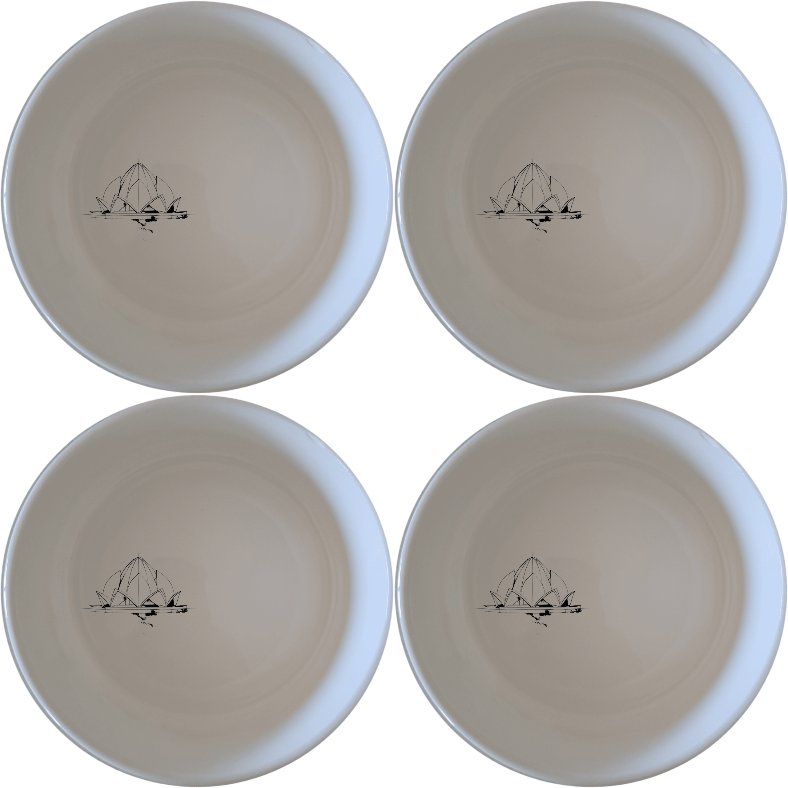 The Lotus Temple Bowl Set of 4 - Range 1 features delicate artwork inspired by the iconic Lotus Temple, perfect for adding a touch of serenity to your dining experience.