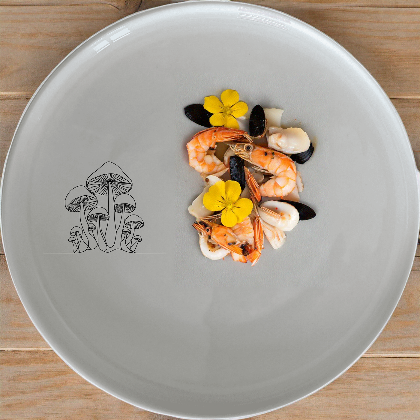 The Mushroom Forest Dinner Set of 12 features delicate mushroom illustrations on white ceramic plates, perfect for nature-inspired dining.