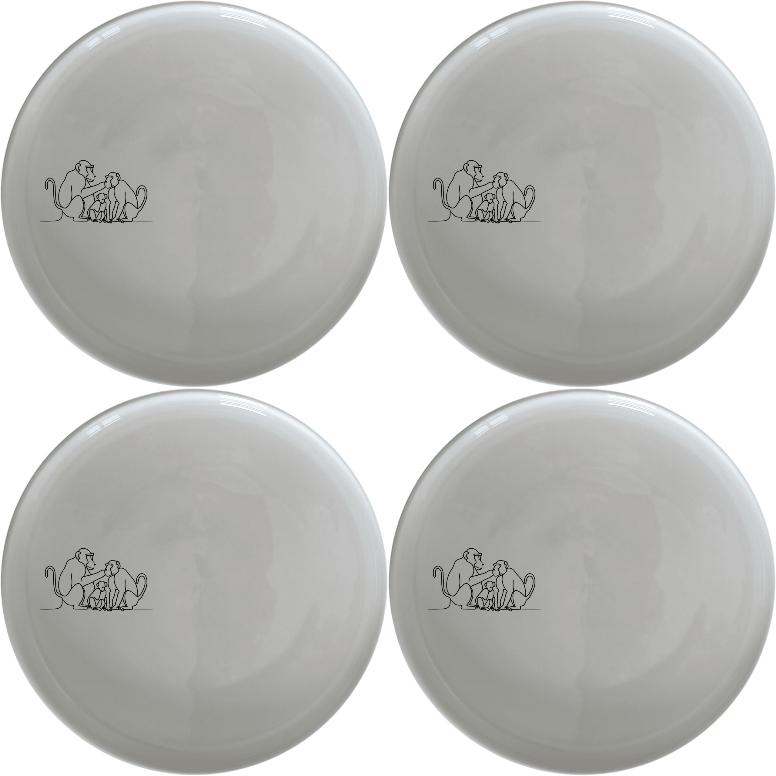 Baboon Troop Social Dinner Plate Set of 4 - Range 3 is a charming and unique dinnerware set featuring a detailed illustration of a baboon troop in social grooming. Perfect for adding a touch of nature to your dining experience.