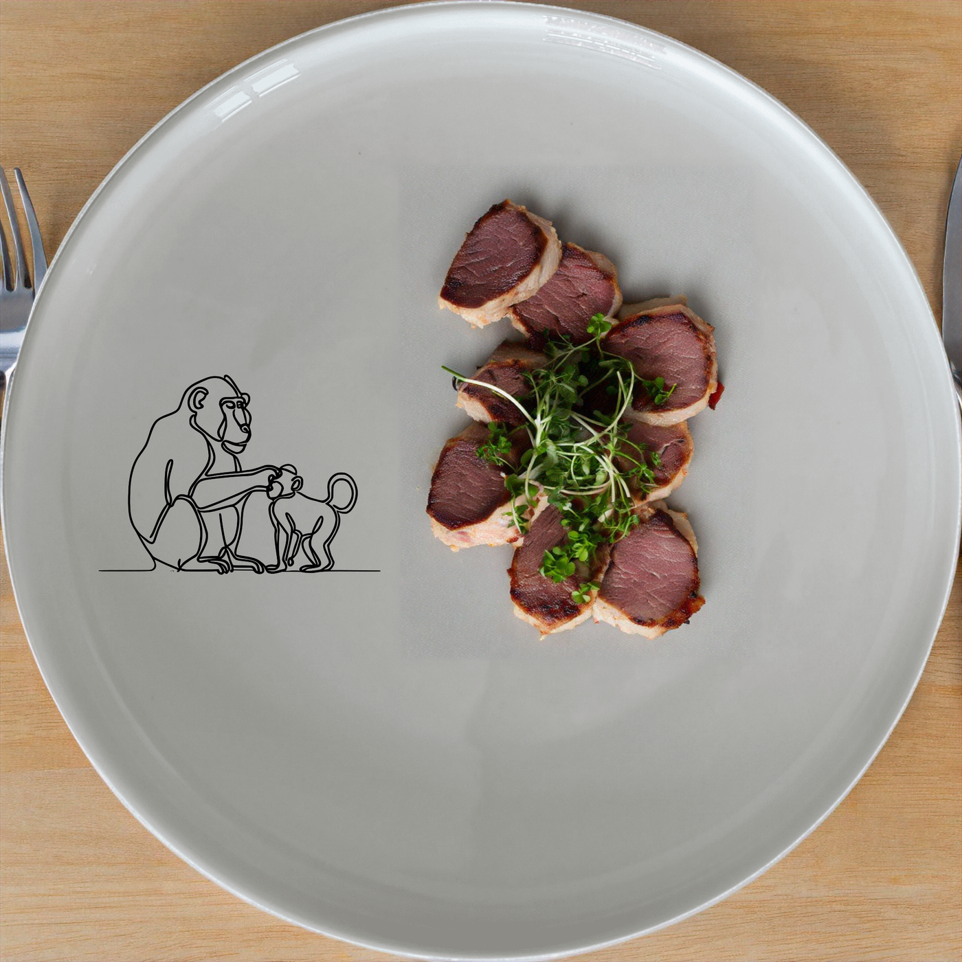 The Baboon Troop Social Grooming Scene Dinner Set of 12 brings a unique and artistic touch to your dining experience with its elegant baboon design.