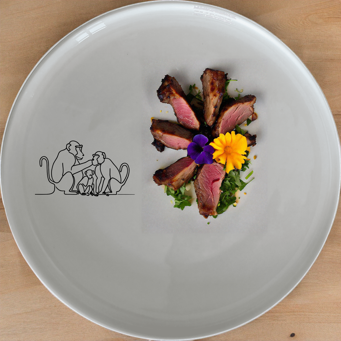 Baboon Troop Social Dinner Plate Set of 4 - Range 3 is a charming and unique dinnerware set featuring a detailed illustration of a baboon troop in social grooming. Perfect for adding a touch of nature to your dining experience.