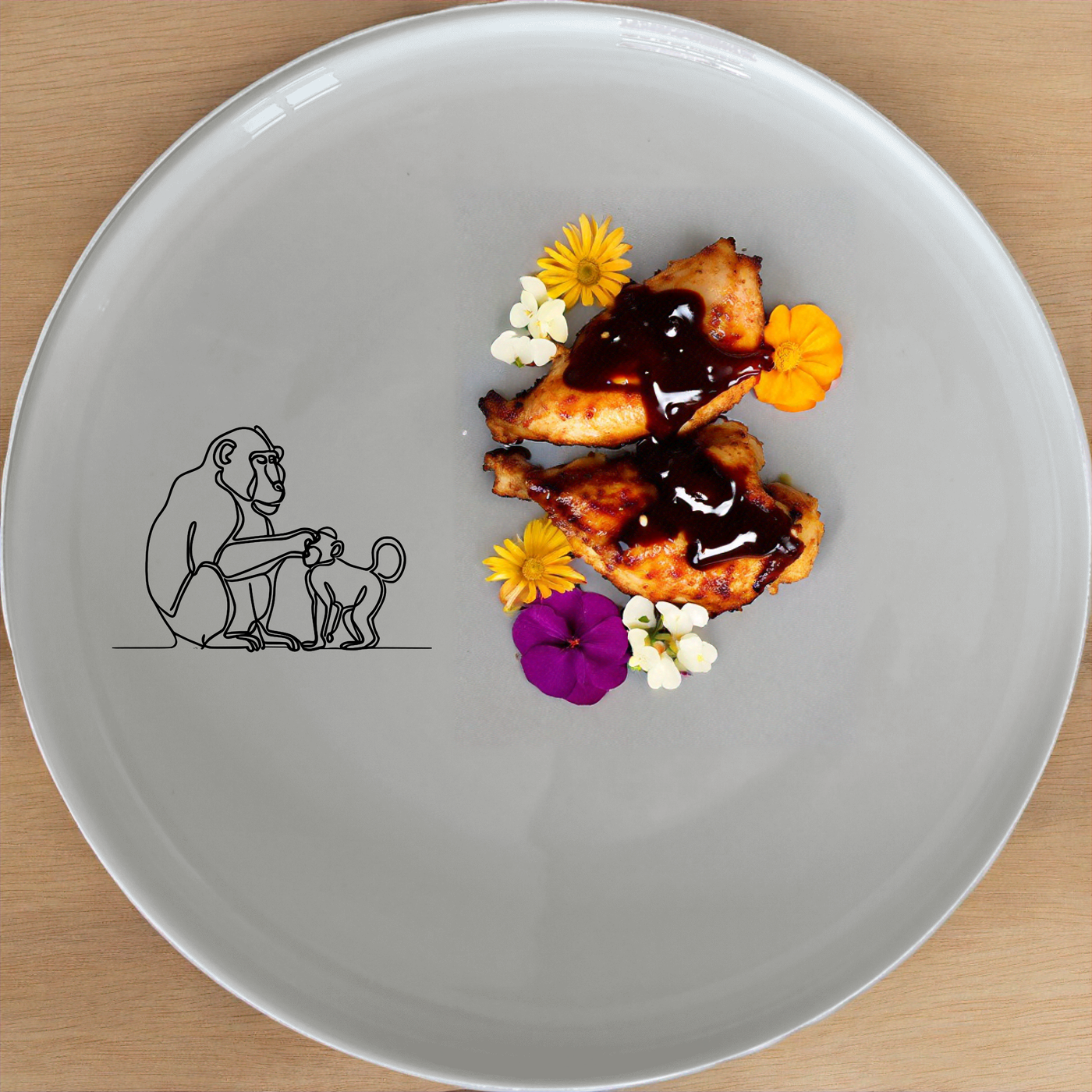 Baboon Troop Social Grooming Scene Side Plate Set of 4 - Range 2 is a charming set of four side plates featuring a detailed illustration of a baboon troop in a social grooming scene. Perfect for adding a touch of nature to your dining table.